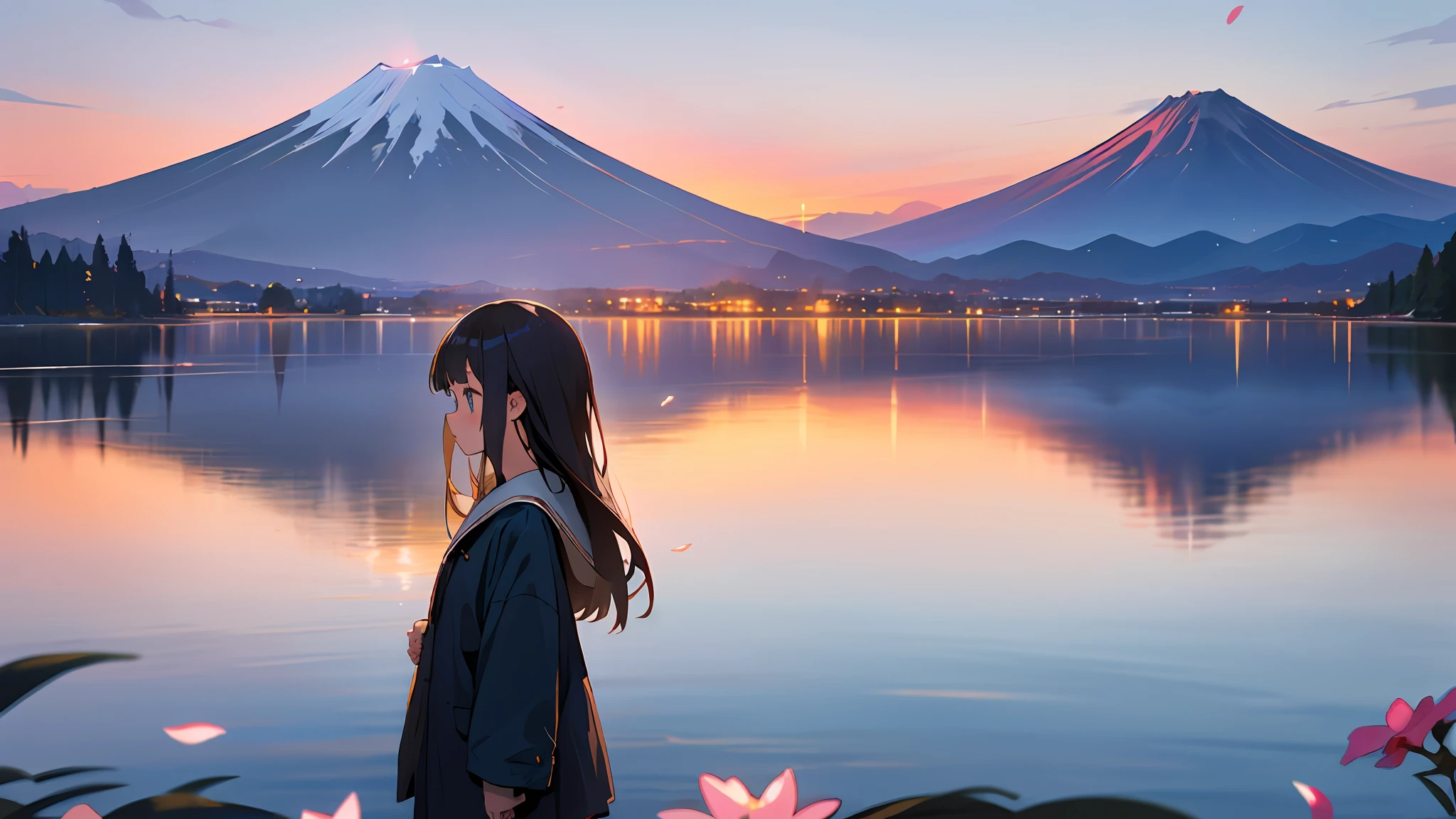 best quality, masterpiece, very detailed, detailed background, anime, 1 girl, young girl, short girl, hands behind head, retro, mount fuji lansdscape, outdoor, sunset, beautiful sky, lake picnic, landscape, landscape, horizon, mountain sitting near mountain, wind, petals, looking away, atmospheric lighting, reflection, naturalism, detail, realism. Relax, Beauty, Single Focus, Close Up, From Side, Depth of Field, Bokeh