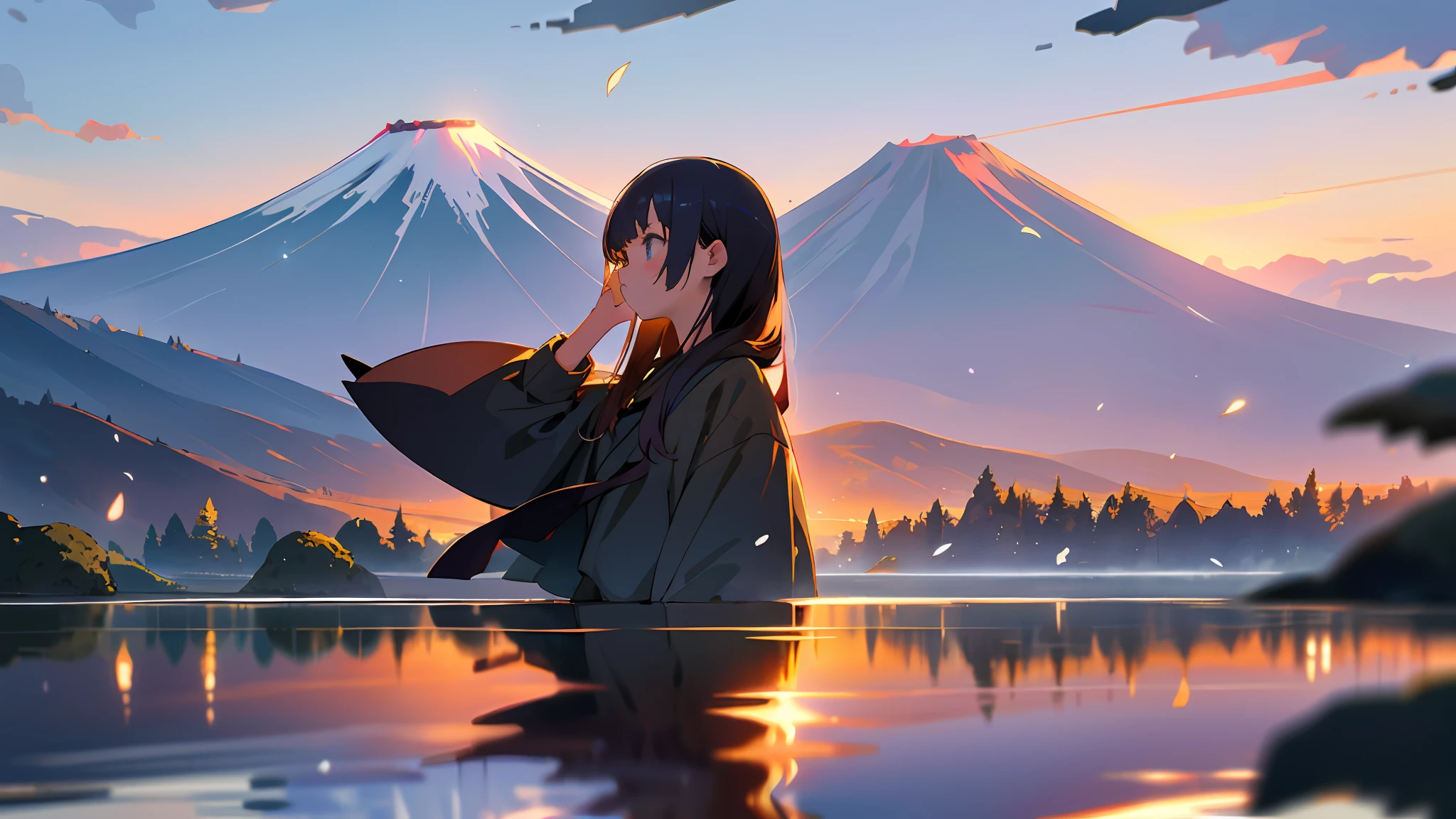 best quality, masterpiece, very detailed, detailed background, anime, 1 girl, young girl, short girl, hands behind head, retro, mount fuji lansdscape, outdoor, sunset, beautiful sky, lake picnic, landscape, landscape, horizon, mountain sitting near mountain, wind, petals, looking away, atmospheric lighting, reflection, naturalism, detail, realism. Relax, Beauty, Single Focus, Close Up, From Side, Depth of Field, Bokeh