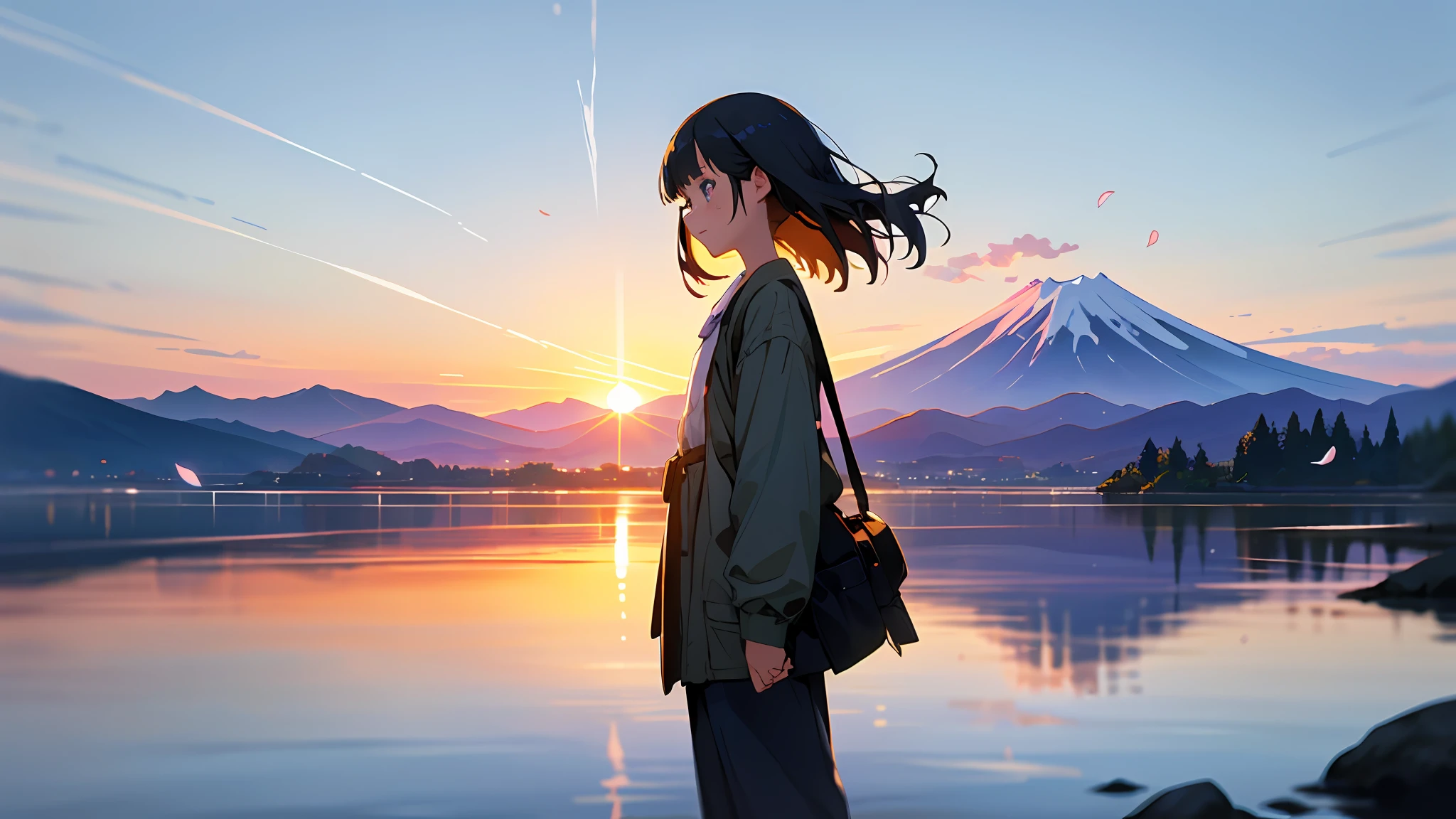best quality, masterpiece, very detailed, detailed background, anime, 1 girl, young girl, short girl, hands behind head, retro, mount fuji lansdscape, outdoor, sunset, beautiful sky, lake picnic, landscape, landscape, horizon, mountain sitting near mountain, wind, petals, looking away, atmospheric lighting, reflection, naturalism, detail, realism. Relax, Beauty, Single Focus, Close Up, From Side, Depth of Field, Bokeh