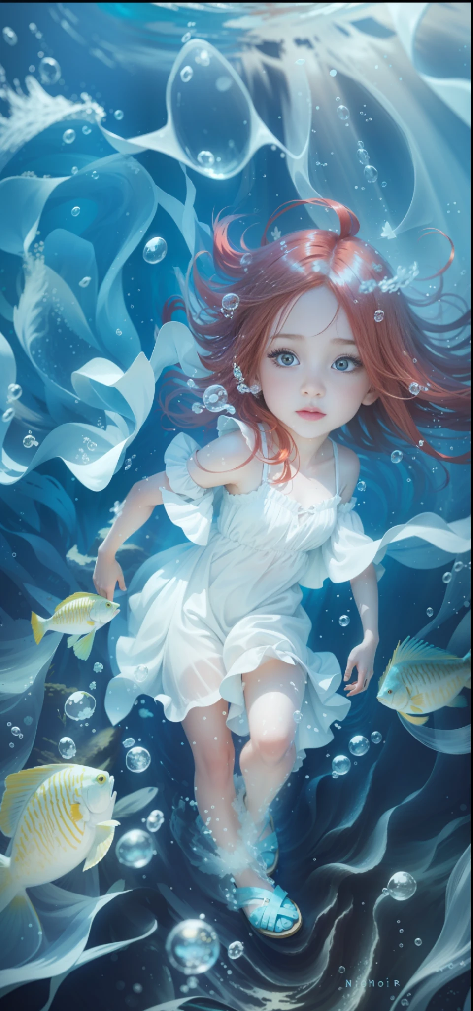 A girl in the water, red hair fluttering, sad, white dress on the upper body, like clothes, green sandals, bubbles in the water, all kinds of fish, water wave light and shadow, soft lighting, background underwater, HD, Disney style, perfect fingers and toes,