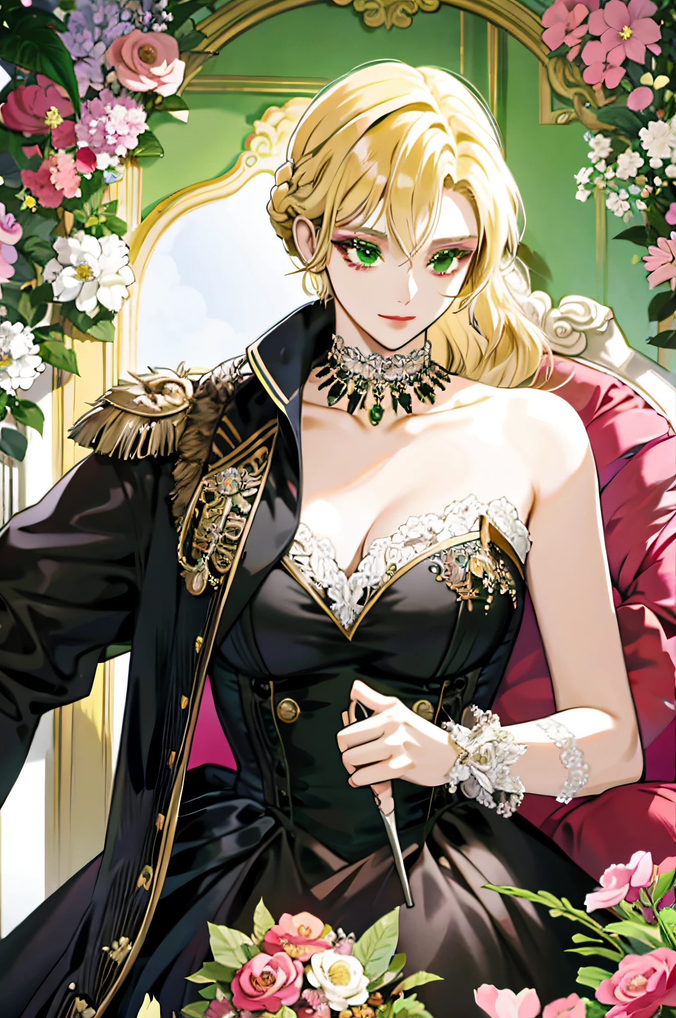 Lesbian anime couple, wedding, black short hair and brown eyes woman, blonde hair and green eyes, royalty, nobility, princess, elegant, kiss, bouquet of flowers, high quality, very detailed, lesbian couple.