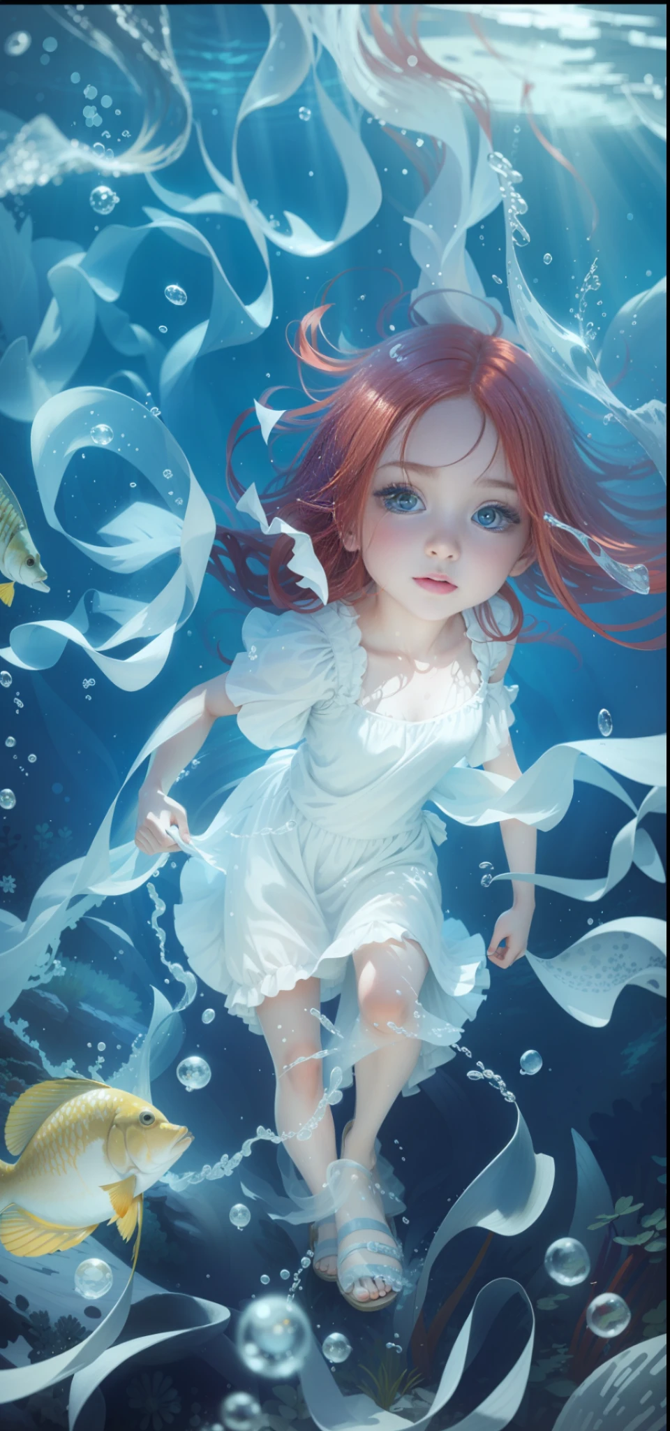 A girl in the water, red hair fluttering, sad, white dress on the upper body, like clothes, green sandals, bubbles in the water, all kinds of fish, water wave light and shadow, soft lighting, background underwater, HD, Disney style, perfect fingers and toes,