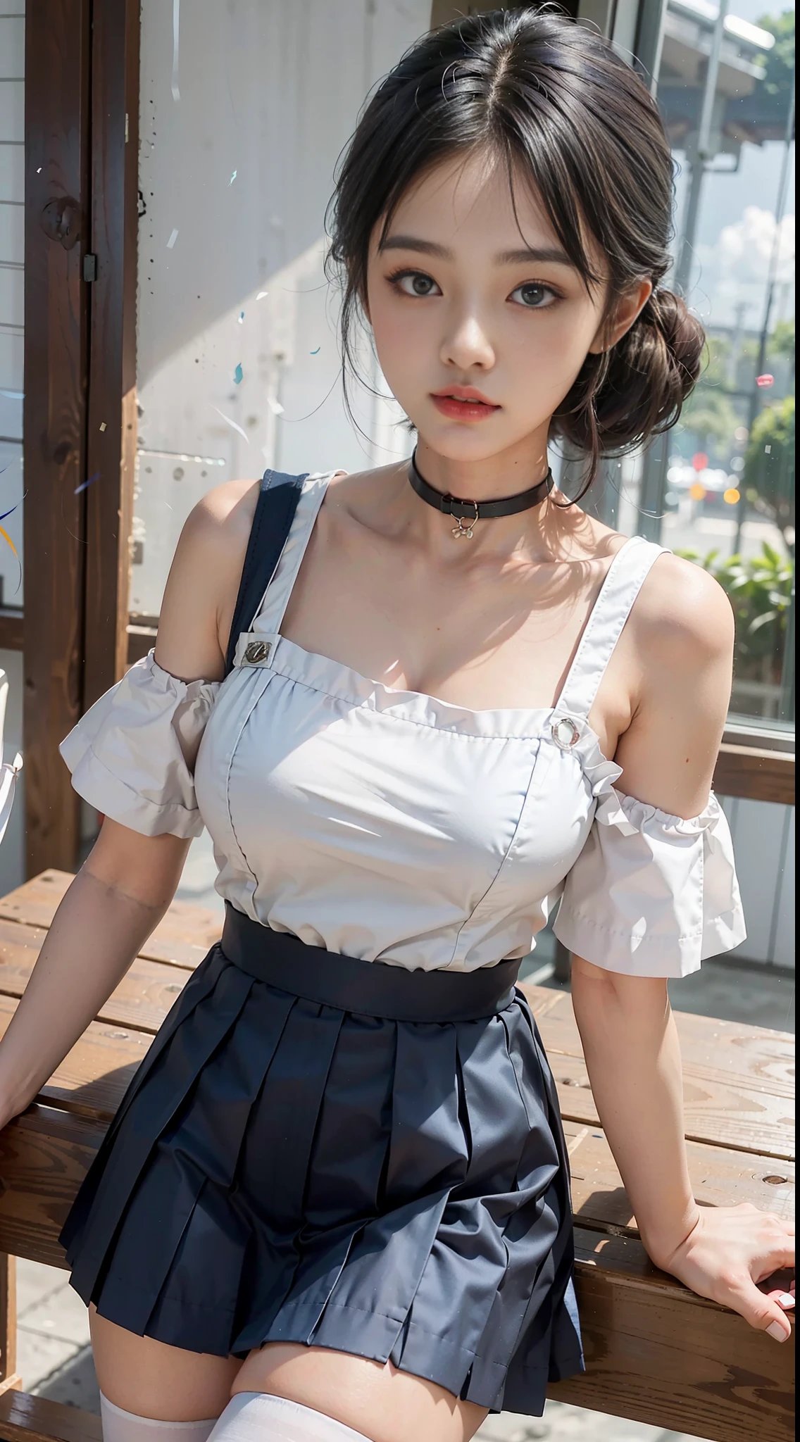Girl posing for photo in Japanese school uniform, summer, classroom, moist skin, air bangs, large and clear eyes, slightly curly shoulder-length hair, cute, upper body, blue and white, streamers, blue short skirt, suspender stockings, slave neck ring, slim body, oversized bust, slim girl model, 18 year old female model,