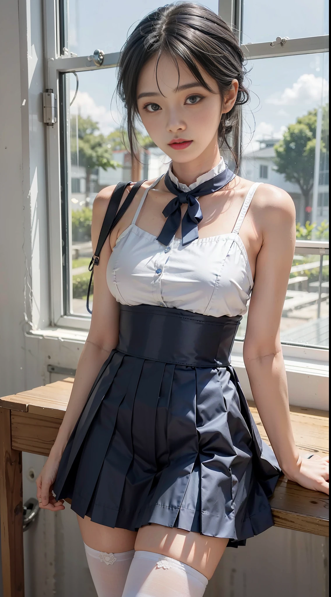 Girl posing for photo in Japanese school uniform, summer, classroom, moist skin, air bangs, large and clear eyes, slightly curly shoulder-length hair, cute, upper body, blue and white, streamers, blue short skirt, suspender stockings, slave neck ring, slim body, oversized bust, slim girl model, 18 year old female model,