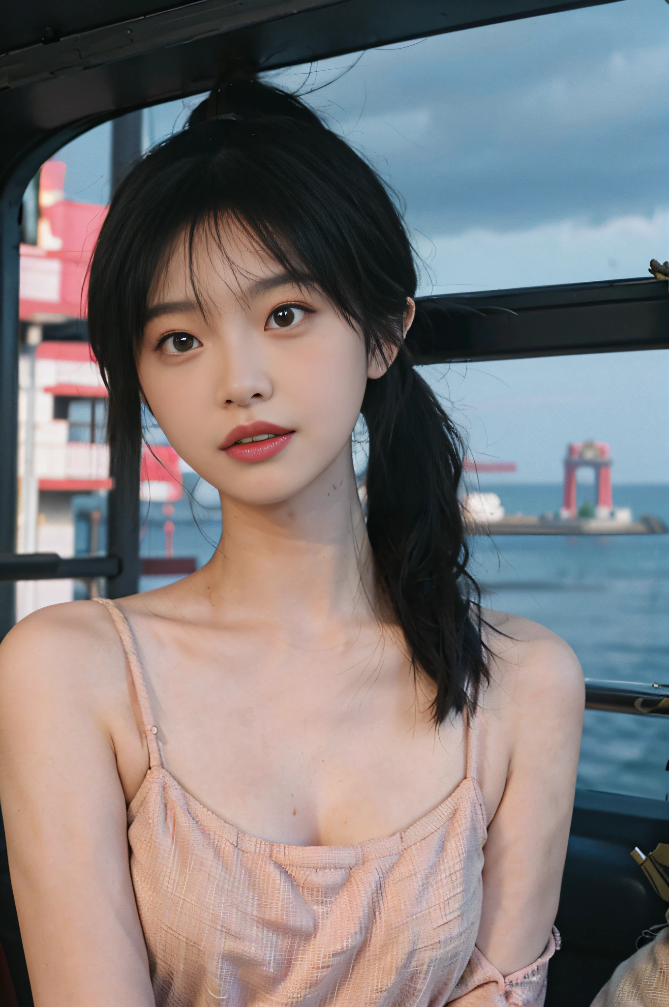 Temperament girl, delicate facial features, big breasts, bangs, pink ponytail, messy hair, hair is very realistic, wearing a pink slip dress, the background is Ferris wheel, sea view, Du Qiong, exquisite makeup, light red lips, big eyes, double eyelids, black holes, bright eyes, symmetrical face, very real face, narrow waist, thighs, big breasts, meticulously portrayed the girl's face, blush, super high appearance, looking at the audience, very realistic skin, skin oil reflection, artwork, clothes with real fabric texture , realistic painting, cinematic style, photography level, ray tracing, real light and shadow effects, realism, masterpiece, like the top photography effect, 8K