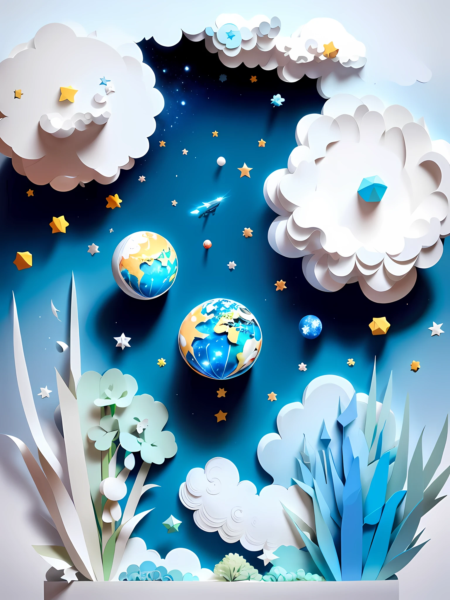 ((Masterpiece))), Best Quality, Light Blue Illustration, Universe, Planet, Astronaut Body, Space, Clouds, Star \(Symbol), paper_cut, (White Background: 1.1)
