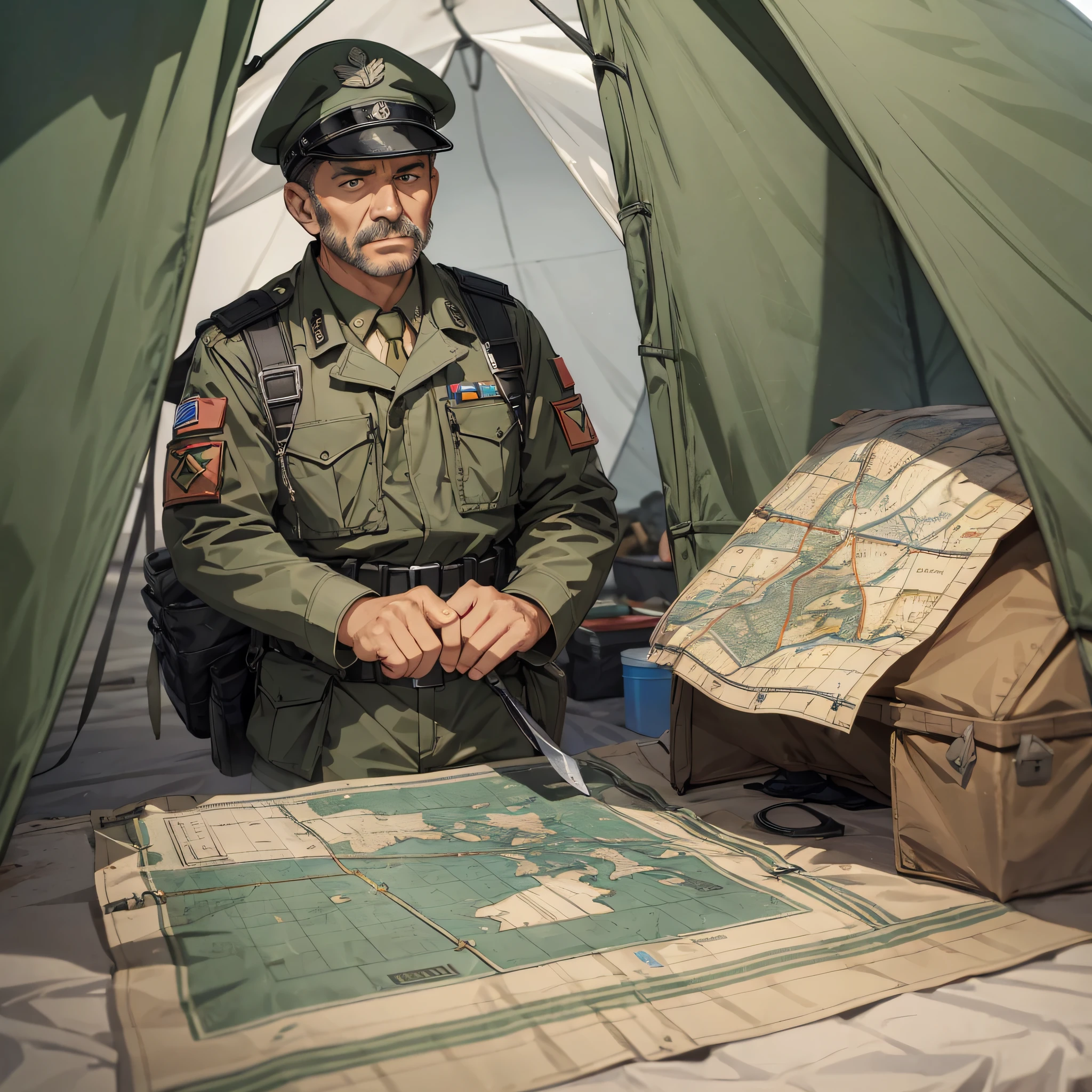 Major General middle-aged man with a surprised expression, in the background is the large tent of the combat headquarters, there is a map