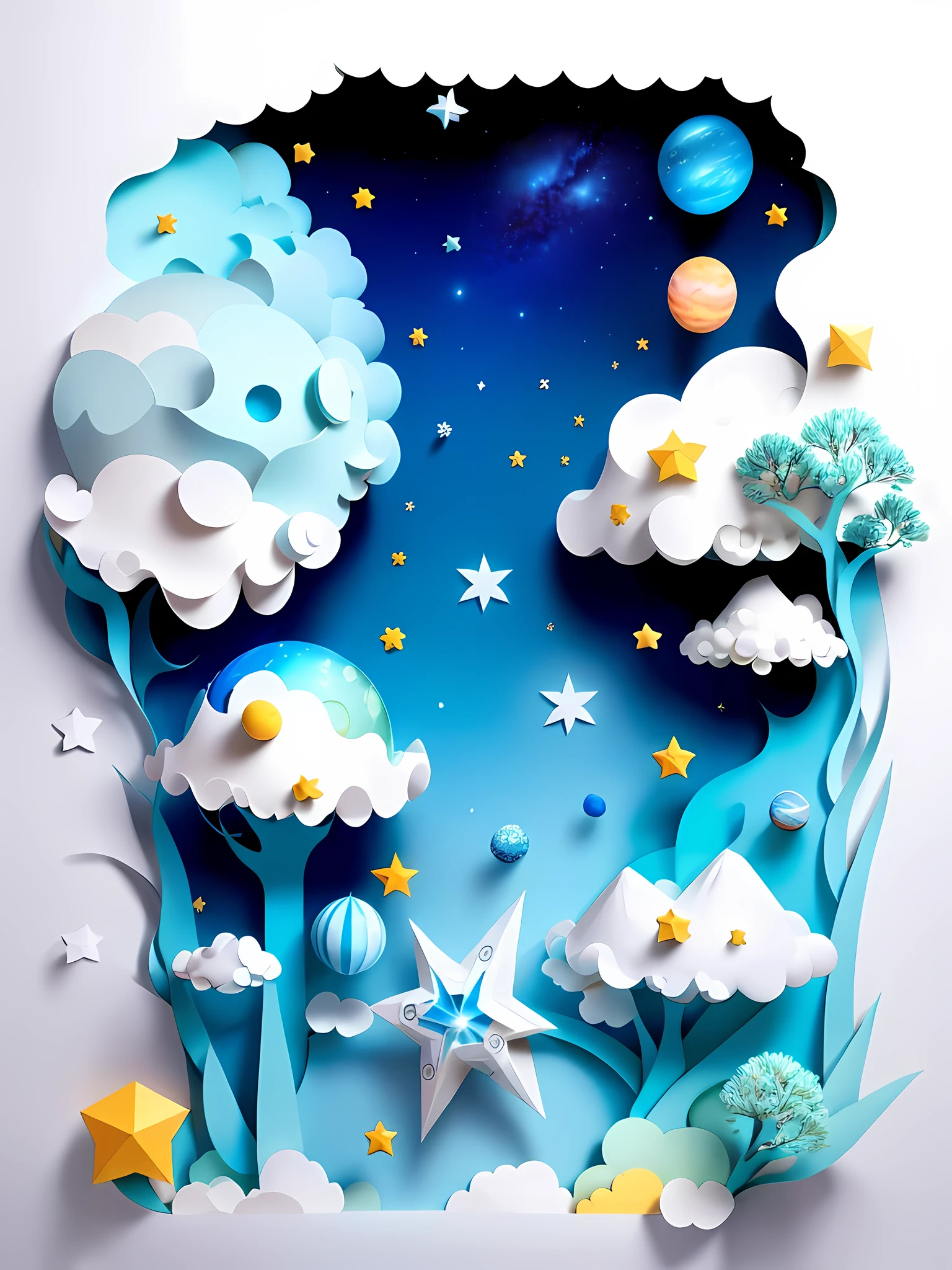 ((Masterpiece))), Best Quality, Light Blue Illustration, Universe, Planet, Astronaut Body, Space, Clouds, Star \(Symbol), paper_cut, (White Background: 1.1)