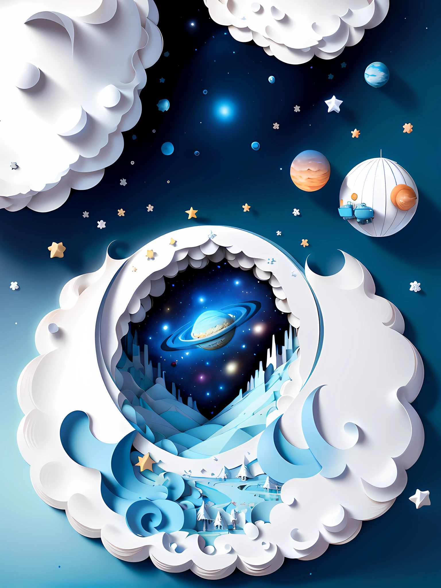 ((Masterpiece))), Best Quality, Light Blue Illustration, Universe, Planet, Astronaut Body, Space, Clouds, Star \(Symbol), paper_cut, (White Background: 1.1)