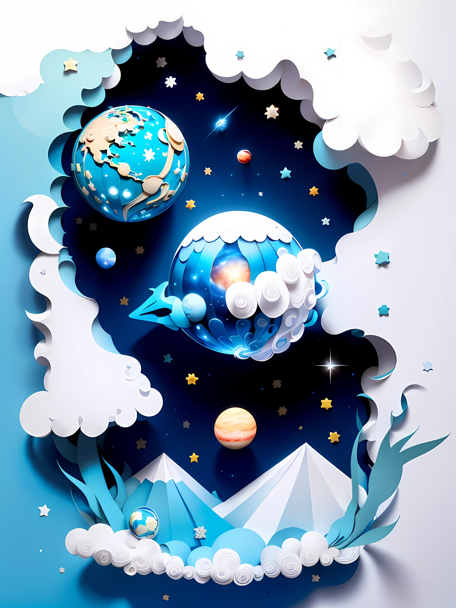 ((Masterpiece))), Best Quality, Light Blue Illustration, Universe, Planet, Astronaut Body, Space, Clouds, Star \(Symbol), paper_cut, (White Background: 1.1)