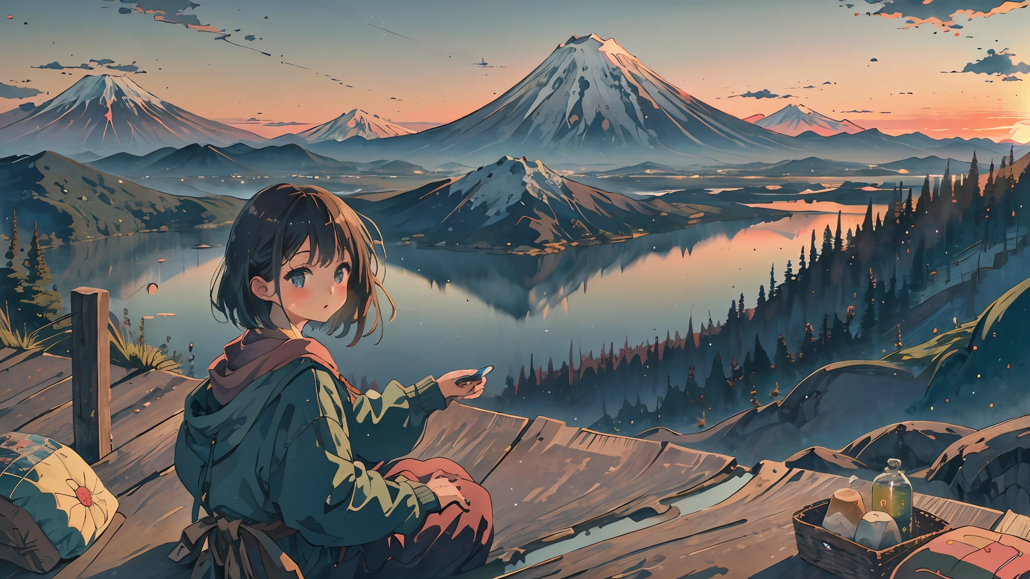 best quality, masterpiece, very detailed, detailed background, anime, 1 girl, young girl, short girl, retro, mount fuji lansdscape, outdoor, sunset, beautiful sky, lake picnic, landscape, landscape, horizon, mountain sitting near mountains, wind, looking away, atmospheric lighting, individual focus, close up, from side, depth of field, bokeh
