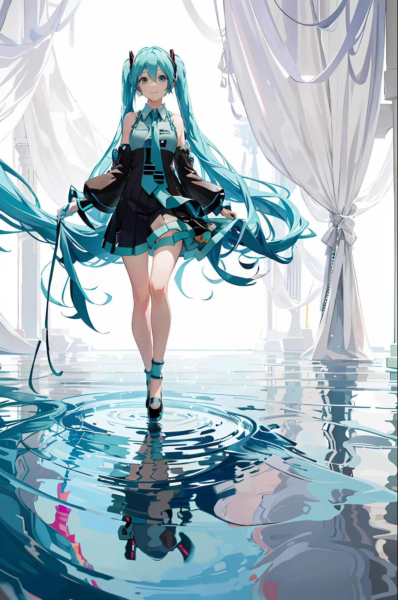 (Hatsune Miku: 1.3), (Ocean Blue Hair Color: 1.3), (Smile), (Long Hair), (Dynamic Pose), (Eye to Camera), (Volume Light)