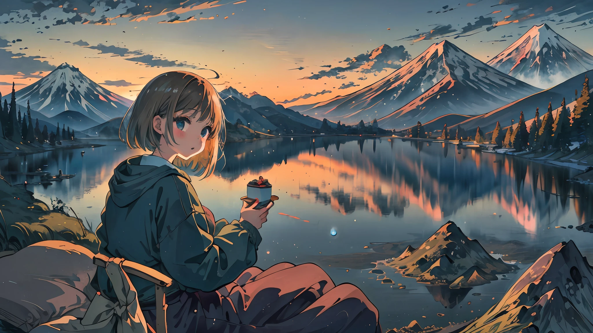 best quality, masterpiece, very detailed, detailed background, anime, 1 girl, young girl, short girl, retro, mount fuji lansdscape, outdoor, sunset, beautiful sky, lake picnic, landscape, landscape, horizon, mountain sitting near mountains, wind, looking away, atmospheric lighting, individual focus, close up, from side, depth of field, bokeh