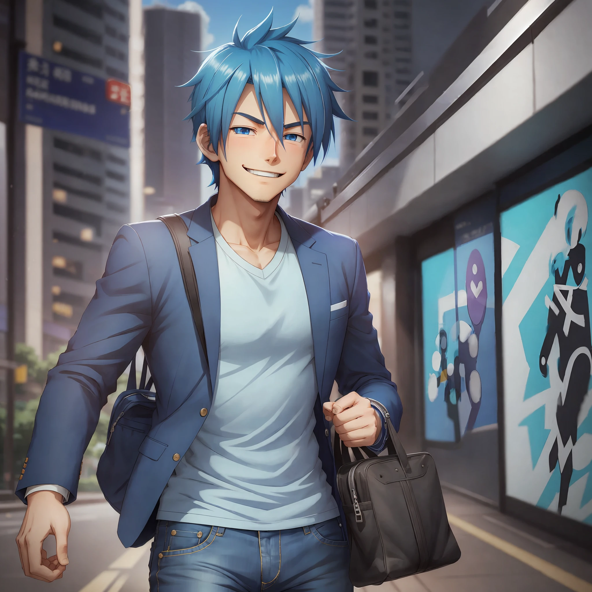 Animation of the young character smiling with anime style, blue hair, is wearing a blue shirt and blazer for a professional look. He wears jeans and a pair of sneakers, is fondly buying in hand in a store, Welcoming himself complete with a background and Professional Closing 8.0 in 3D. Collection 4D, n-6. No text. --auto --s2