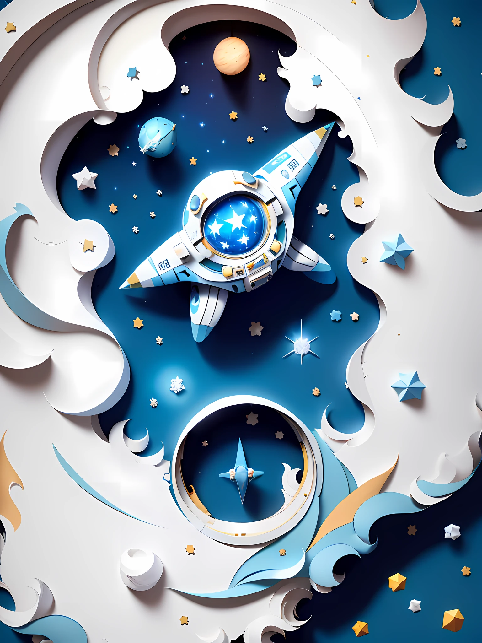 ((Masterpiece))), Best Quality, Light Blue Illustration, Astronaut Travels in Space, Star \(symbol), paper_cut, (White background: 1.1)