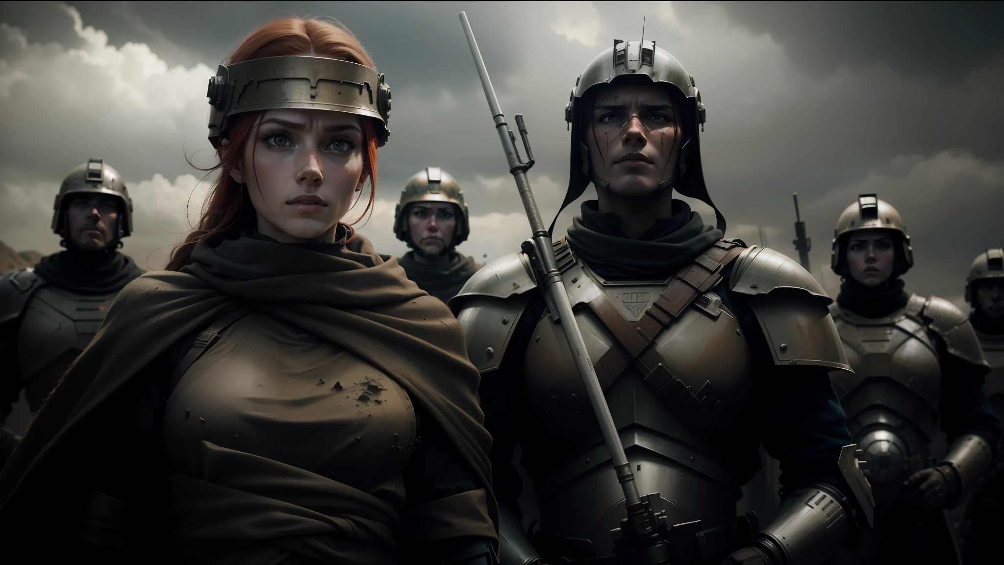 there are two people in armor standing next to each other, cinematic headshot portrait, redhead girl, empress of the wasteland, realistic soldiers, inspired by Hubert von Herkomer, promotional render, cinematic still frame, battalion, kitbashing