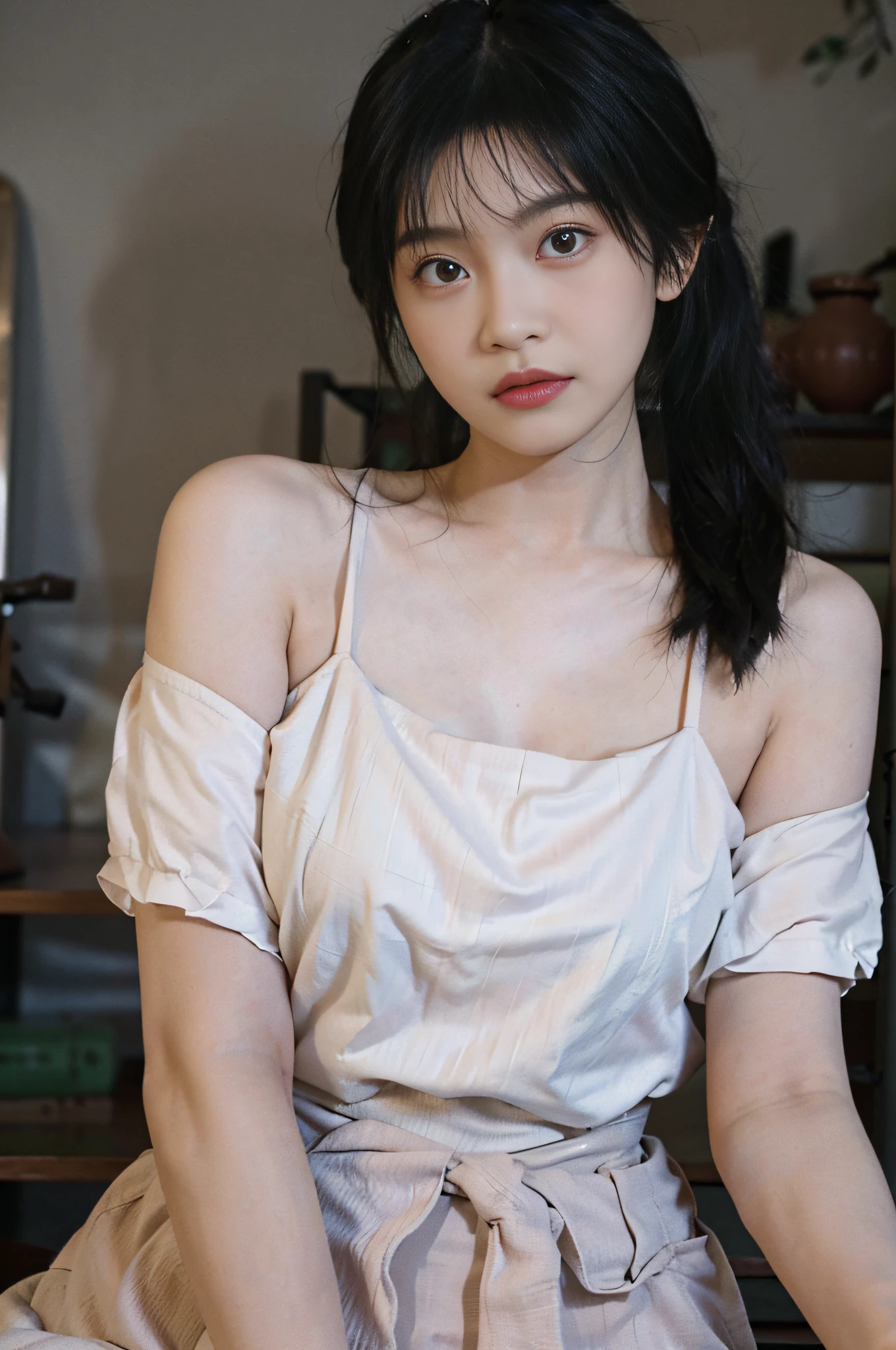 Temperament girl, delicate facial features, big breasts, bangs, pink ponytail, messy hair, hair is very realistic, wearing a pink slip dress, the background is the bookstore stairs, sea view, Du Qiong, exquisite makeup, light red lips, big eyes, double eyelids, black holes, bright eyes, symmetrical face, very real face, narrow waist, thighs, big breasts, meticulously portraying the girl's face, blush, super high appearance, looking at the audience, very realistic skin, skin oil reflection, artwork, The clothes have a real cloth texture, realistic painting, cinematic style, photography level, ray tracing, real light and shadow effects, realism, masterpieces, like the top photography effects, 8K