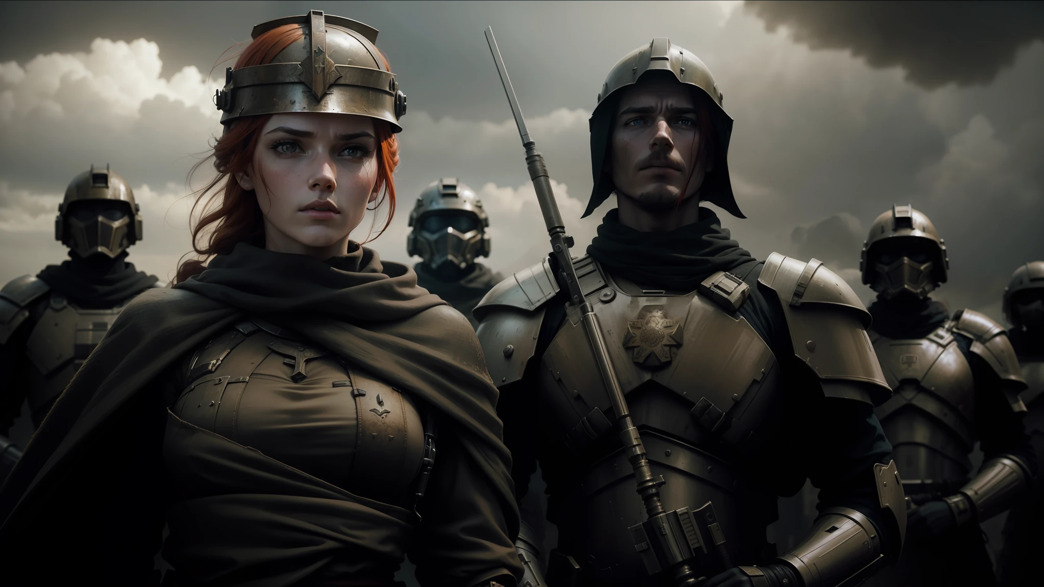 there are two people in armor standing next to each other, cinematic headshot portrait, redhead girl, empress of the wasteland, realistic soldiers, inspired by Hubert von Herkomer, promotional render, cinematic still frame, battalion, kitbashing