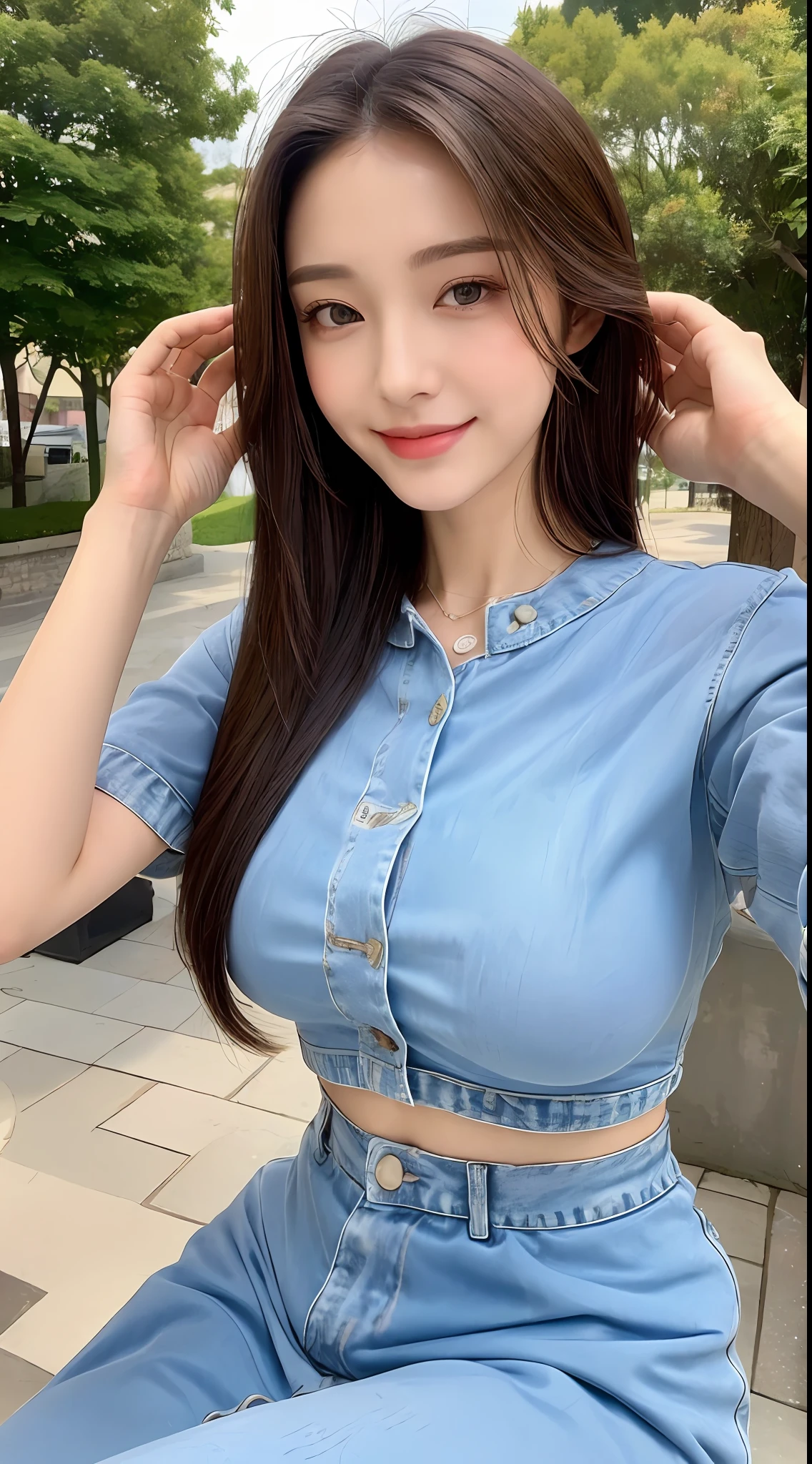 ((Best Quality, 8K, Masterpiece: 1.3)), 1girl, Slim Abs Beauty: 1.3, (Hairstyle Casual, Big Breasts: 1.2), Dress: 1.1, Super Fine Face, Detailed Eyes, Double Eyelids, Outdoor, Smile at the Camera, Mature Girl, Royal Sister,