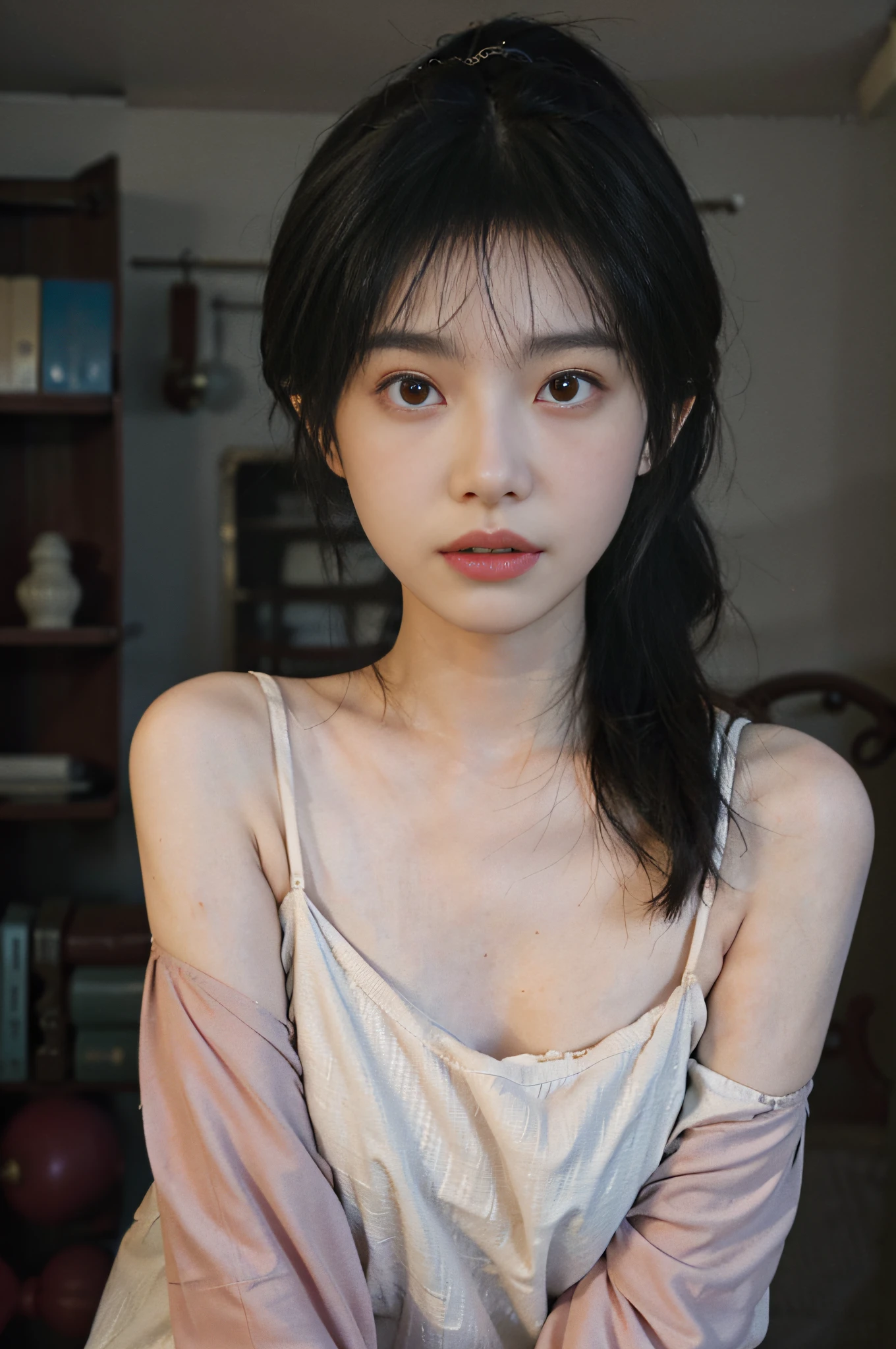 Temperament girl, delicate facial features, big breasts, bangs, pink ponytail, messy hair, hair is very realistic, wearing a pink slip dress, the background is the bookstore stairs, sea view, Du Qiong, exquisite makeup, light red lips, big eyes, double eyelids, black holes, bright eyes, symmetrical face, very real face, narrow waist, thighs, big breasts, meticulously portraying the girl's face, blush, super high appearance, looking at the audience, very realistic skin, skin oil reflection, artwork, The clothes have a real cloth texture, realistic painting, cinematic style, photography level, ray tracing, real light and shadow effects, realism, masterpieces, like the top photography effects, 8K