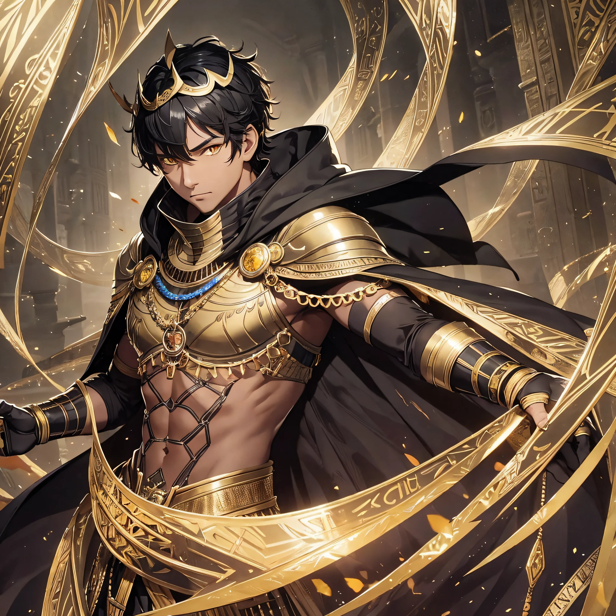 tan skin, masterpiece, best quality, 1man, adult, male focus, solo, short black hair, vibrant yellow eyes, looking at viewer, cape, High quality metal texture, overcoat, closed mouth, upper body, bangs, high collar,(kbxll:0.6), Fantasy aesthetics, Highly detailed, shadowverse style, egyptian sorcerer