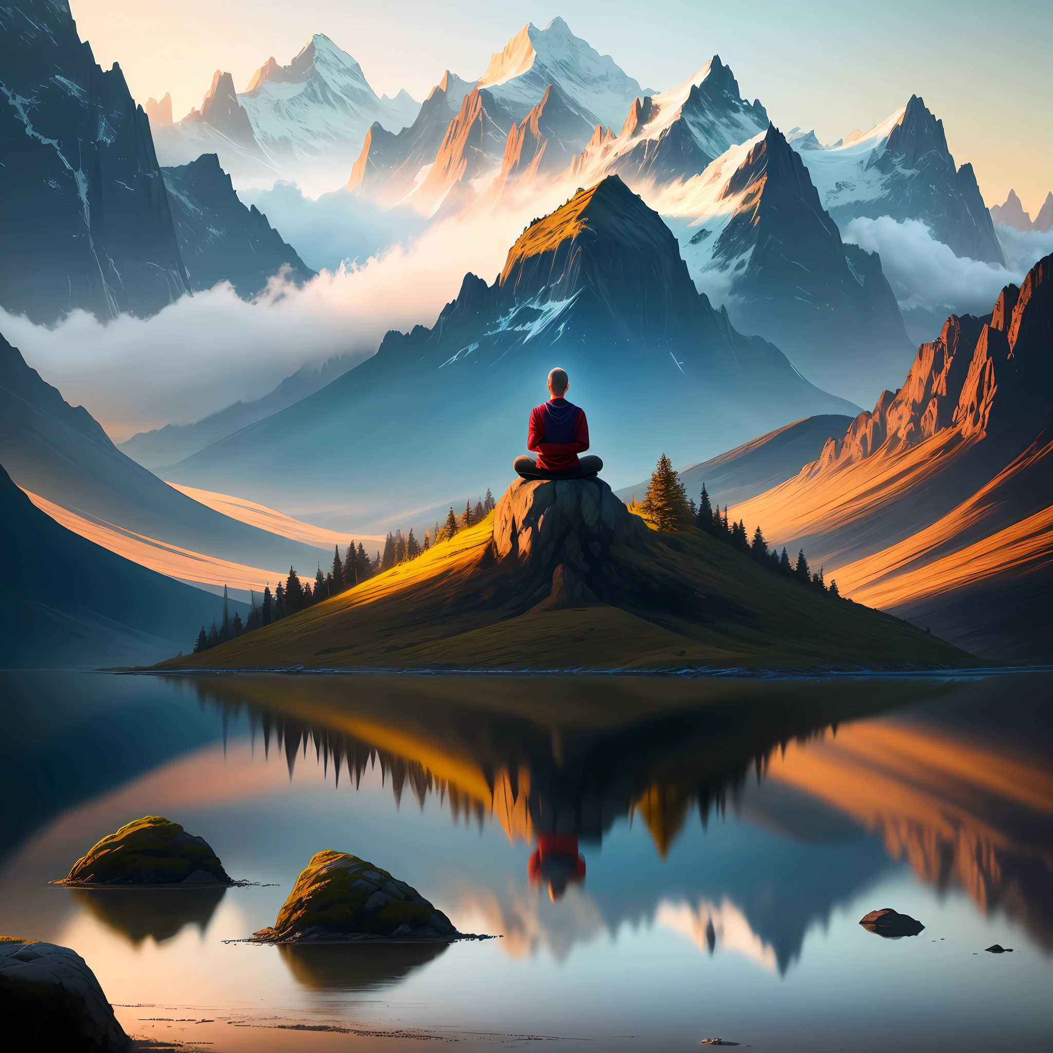 Create an image of a person meditating on a stunning landscape, this art needs to have fantastic lighting