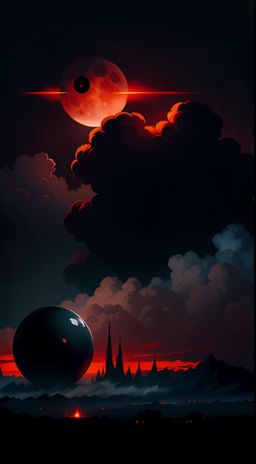Black Cloud, Blood Moon, Shattered, Sphere, Eye, Ruin, Sketch, Anime Key Visuals, Fog, Evil, Bauhaus Art, Dramatic Lights, Mysterious