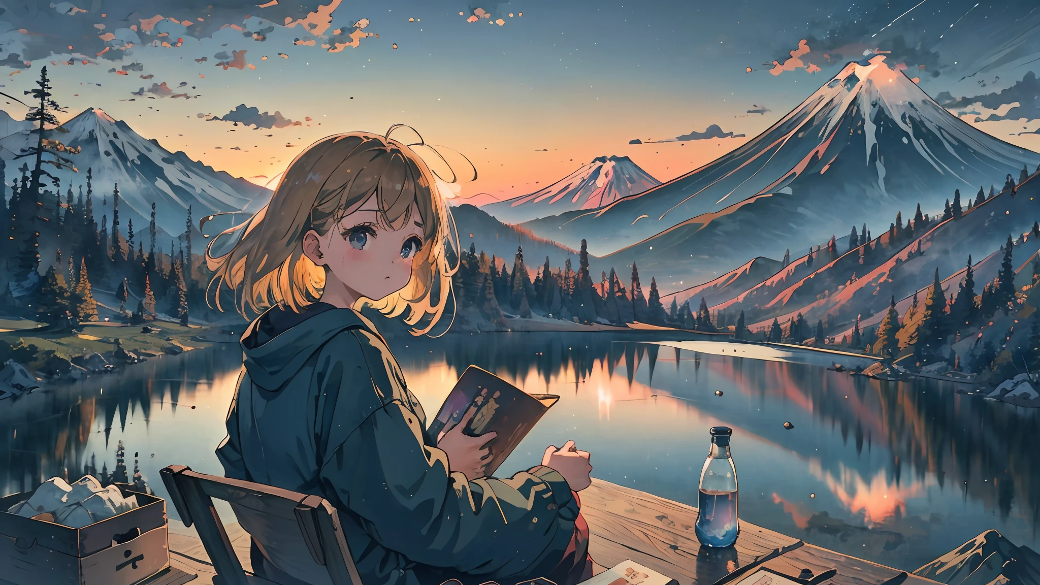 best quality, masterpiece, very detailed, detailed background, anime, 1 girl, young girl, short girl, retro, mount fuji lansdscape, outdoor, sunset, beautiful sky, lake picnic, landscape, landscape, horizon, mountain sitting near mountains, wind, looking away, atmospheric lighting, individual focus, close up, from side, depth of field, bokeh