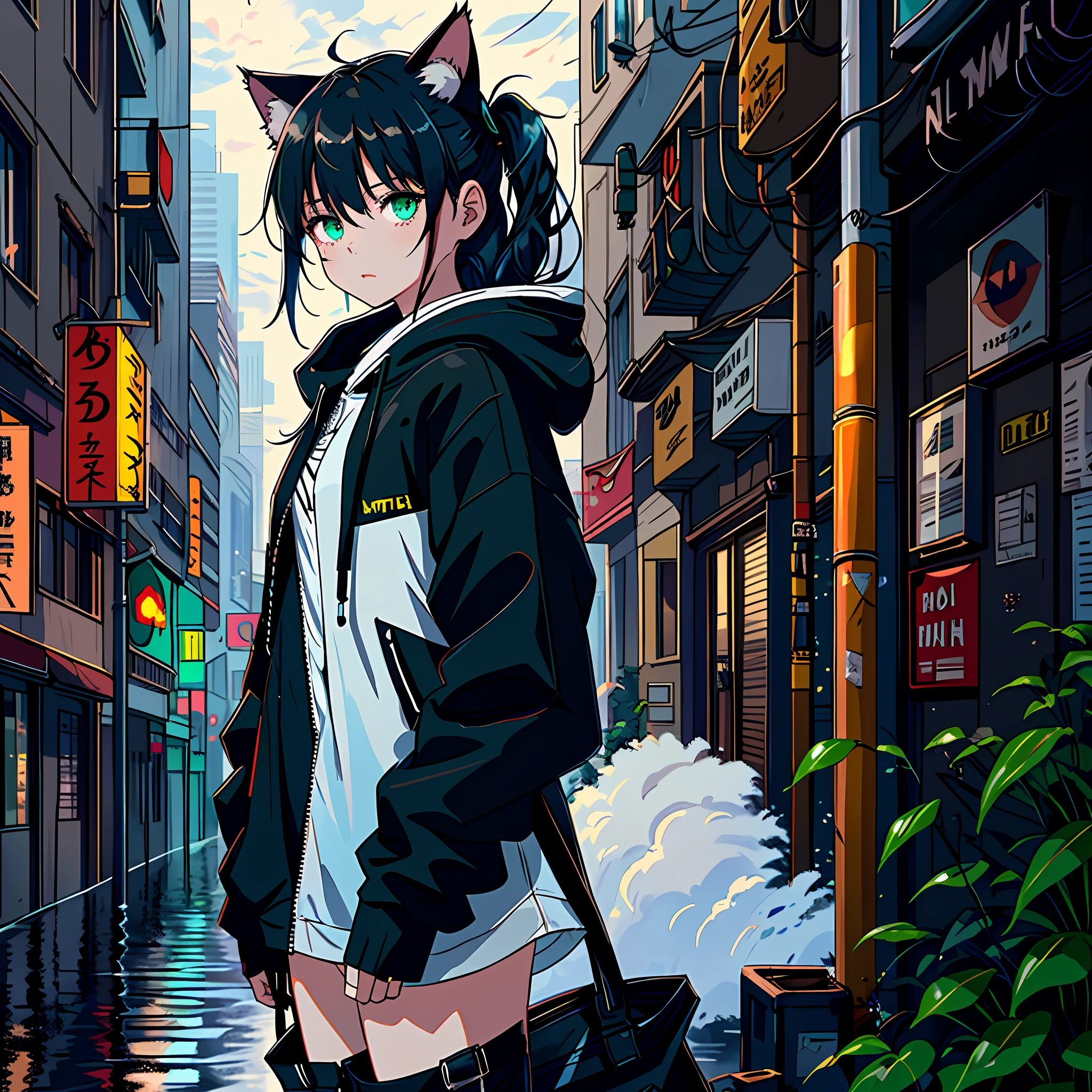 ((masterpiece)), (((best quality))), (ultra-detailed:1.5), ((illustration)), ((disheveled hair)),(1girl)，solo,ambiguous gender，animal ears，artist name，black footwear，black gloves ，black pants，black ribbon，blood，blood from eyes，blood from mouth，blood on clothes，bloodonface，blue coat，blue hair，boots，building，bulletproof vest，cat ears，cattail，caution tape，A broken building,character name，city，cityscape，cloud，cloudy sky，coat，corpse，crane (machine),crystal，cuts，eyelashes，gloves，green eyes，grey coat，hood，hood down，hood up，hooded coat，impaled，injury，keep out，ladder，leg ribbon，lightning，long hair，looking up，mask， meteor,open clothes，open coat，outdoors，pants，parted lips，railing，rain，ribbon，rooftop，sidelocks，sky，skyscraper， tail，very long hair,(Heavy rains)，Negative prompt,Smooth reflection, (specular reflection), (delicate and delicate face:1.5),The residual eaves DuanBi,Dark tonal,(Iridescence and rainbow eyes),backlight