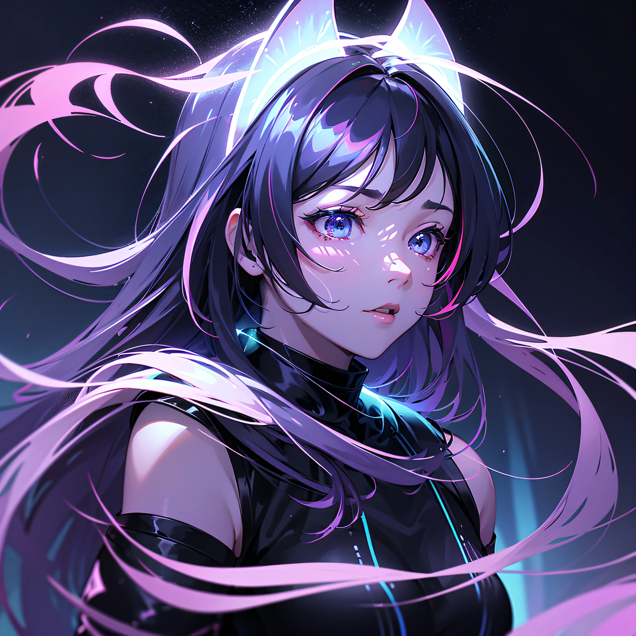 beautiful young black cat with multi color galaxy eyes futuristic geek outfit and headset with posture for profile picture art based on anime japonese Cinematic lighting, Unreal Engine 5, Cinematic, Color Grading, Editorial Photography, Photoshoot, Shot on 70mm lense, Depth of Field, DOF, Tilt Blur, Shutter Speed 1/1000. F/22, White Balance, 32k, Super-Resolution, Megapixel, ProPhoto RGB. VR, tall, epic, artgerm, alex ross, Halfrear Lighting, Backlight, Natural Lighting, Incandescent, Optical, Fiber, Moody, Lighting, Cinematic, Lightning, Studio Lightning, Soft Lightning, Volumetric, Contre-Jour, dark Lighting, Accent Lighting, Global Illumination, Screen Space Global Illumination, Ray Tracing, Global Illumination, Red Rim light, cool color grading 45%. Optics, Scattering, Glowing, Shadows, Rough, Shimmering, Ray Tracing Reflections, Lumen Reflections, Screen Space Reflections, Diffraction Grading, Chromatic, Aberration, GB Displacement, Scan Lines, Ray Traced, Ray Tracing Ambient Occlusion, Anti-Aliasing, FKAA, TXAA, RTX, SSAO, Shaders, OpenGL-Shaders, GLSL-Shaders, Post Processing, Post-Production, Cel Shading, Tone Mapping, CGI VFX, SFX, insanely detailed and intricate, hypermaximalist, elegant, hyper realistic, supee detailed, dynamic pose, centered, photography --auto --s2