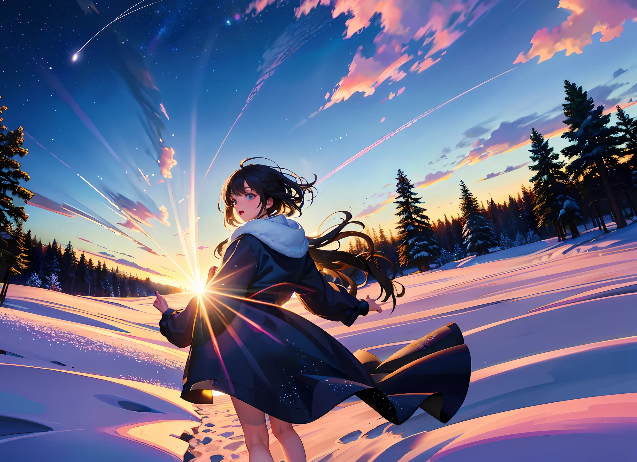 best quality, masterpiece, winter, from side, wind snow effect, starry sky, focus sky, detailed reflex, night, cinematic lighting, caustics, (wide shot:1.1), detailed cute silhouette girl, dirt road, overlook,