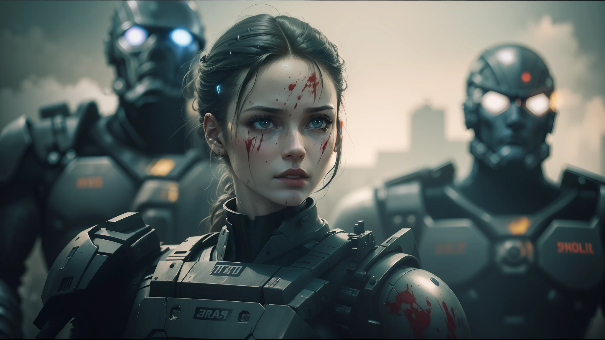 arafed image of a woman with a face full of blood and a man in a suit behind her, still frame from prometheus, in style of luis royo, mechanized soldier girl, by Marek Okon, artificial intelligence logo, miners, grey armor, wet make - up, sexy movie photo, icon for an ai ???, portrait of a female ranger