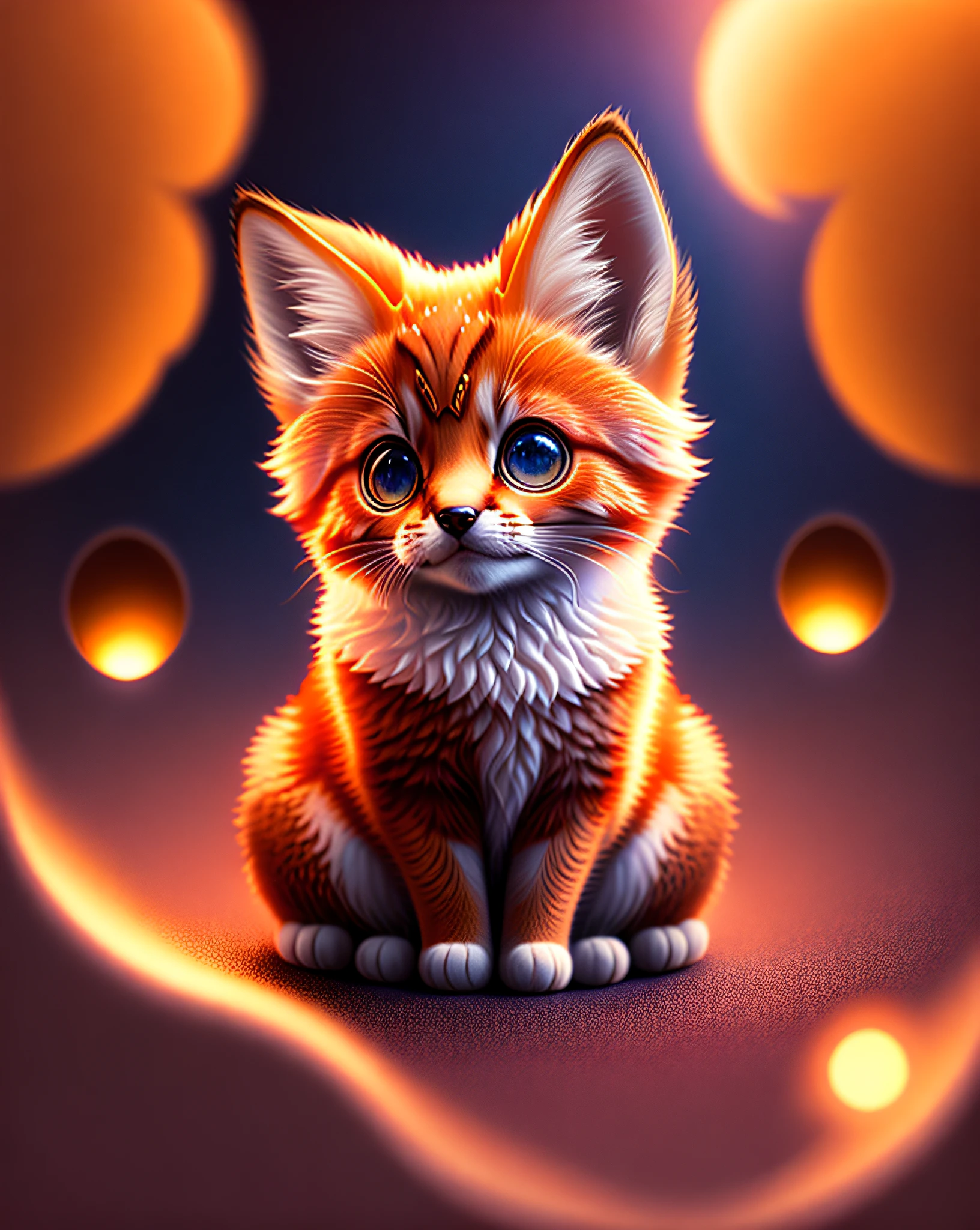 Little cute fluffy cuteness kitten character, fox, sunny magical background, ultra precious details, intricate details, volumetric lighting, photo realistic, lifelike, photography, digital art, 8k, trending on artstation, sharp focus, studio photo, intricate details, highly detailed, by greg rutkowski, centered, symmetry, painted, intricate, volumetric lighting, beautiful, rich deep colors masterpiece, sharp focus, ultra detailed, in the style of dan mumford and marc simonetti, astrophotography, , trending on artstation, sharp focus, studio photo, intricate details, highly detailed, by greg rutkowski