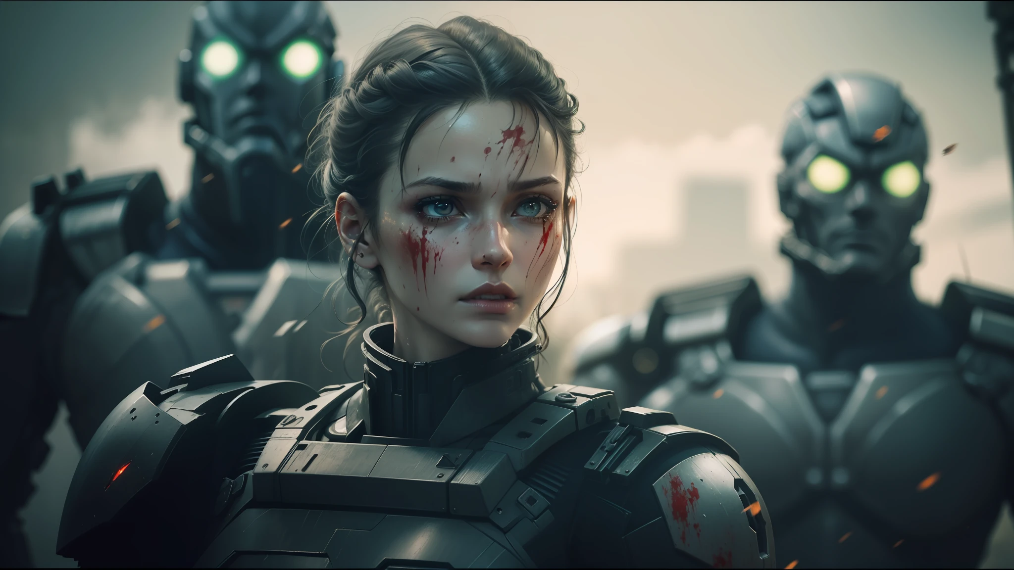 arafed image of a woman with a face full of blood and a man in a suit behind her, still frame from prometheus, in style of luis royo, mechanized soldier girl, by Marek Okon, artificial intelligence logo, miners, grey armor, wet make - up, sexy movie photo, icon for an ai app, portrait of a female ranger
