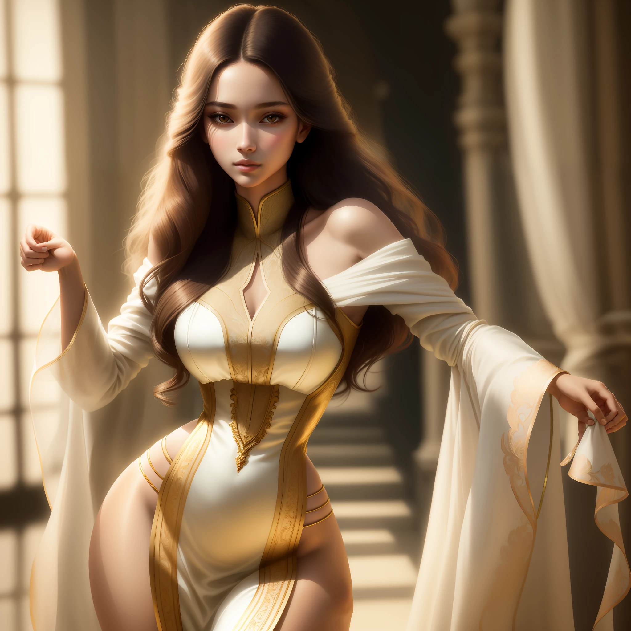 Waist-up photograph of a delicate lady. Natural skin, long and voluminous hair, sharp eyes, a thin and upturned nose, shapely lips, an hourglass figure, typical clothes and makeup, intricately maximalist-detailed, vibrant, epic, smooth, cinematic, HD, backlit, and a shallow depth of field.