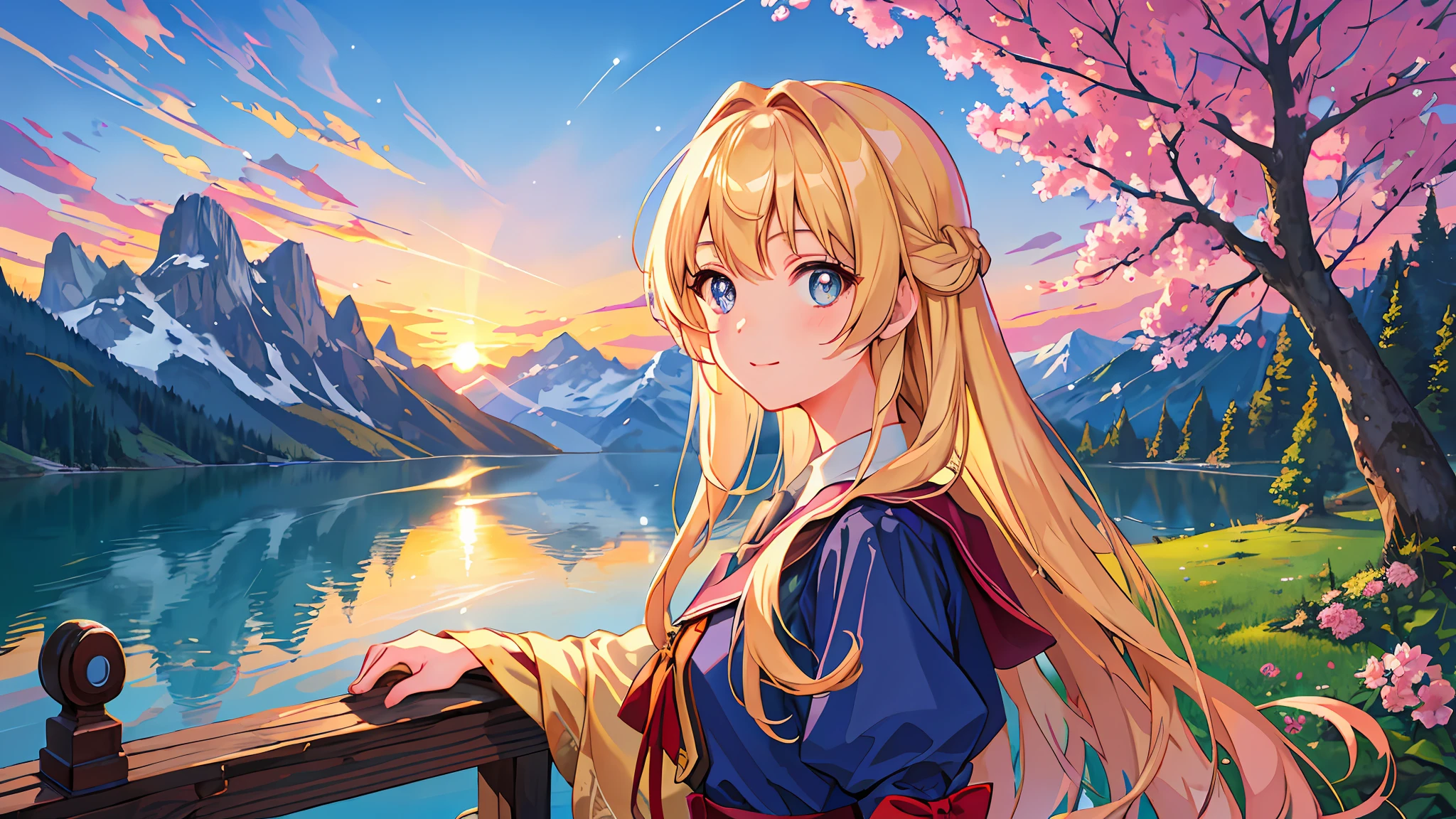 best quality, masterpiece, very detailed, detailed background, detailed eyes, anime, 1girl, beautiful eyes, young girl, rapunzel, expressive face, retro, mount fujilansdscape, outdoor, sunset, beautiful sky, lake picnic, landscape, landscape, horizon, mountain sitting near mountain, wind, petals, spring, looking far away, atmospheric lighting, reflection, naturalism, detail, realism. Relax, Beauty, Single Focus, Close Up, From Side, Depth of Field, Bokeh