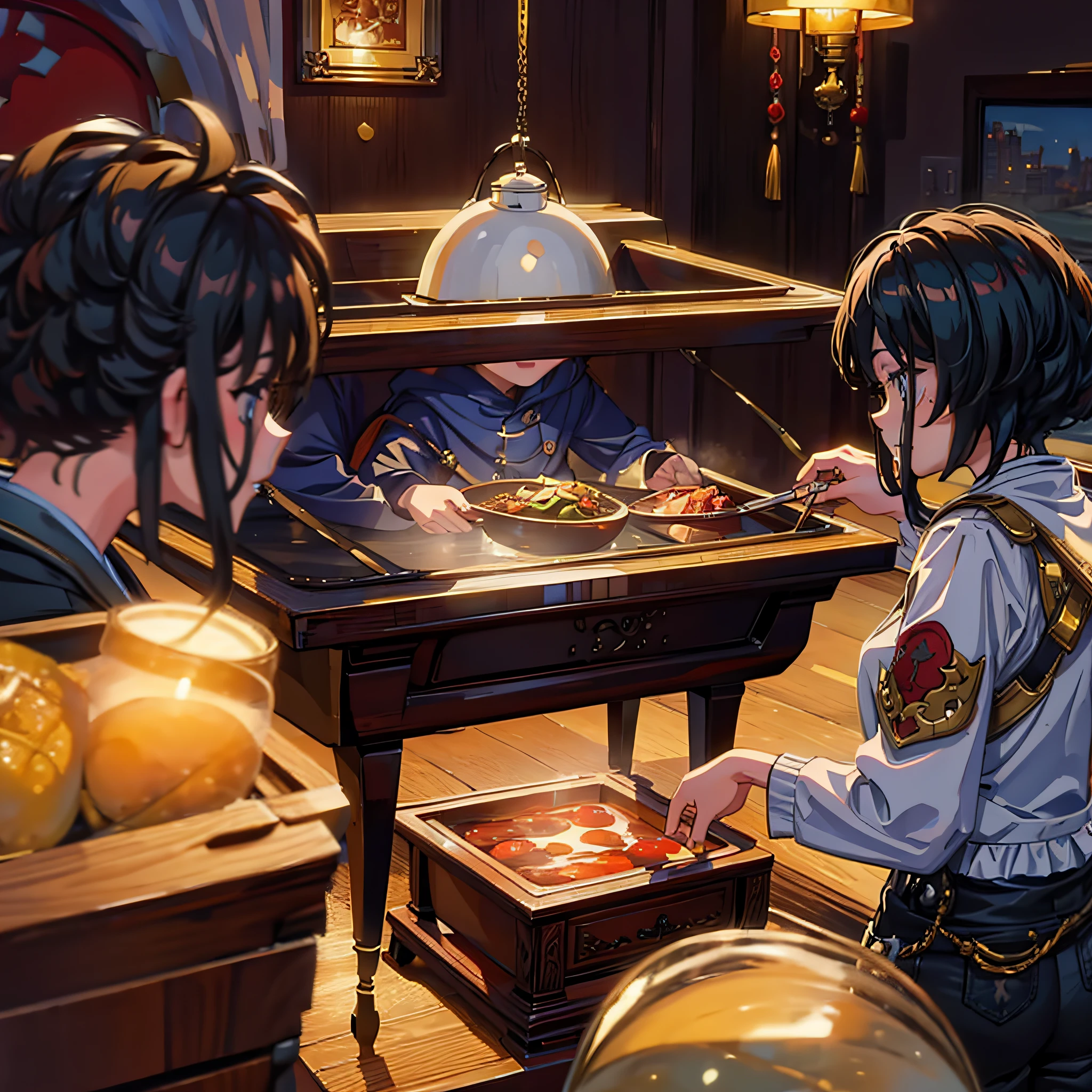 (masterpiece, super detail, high detail, best quality, 8k, living room, home lighting), a group of people eating hot pot