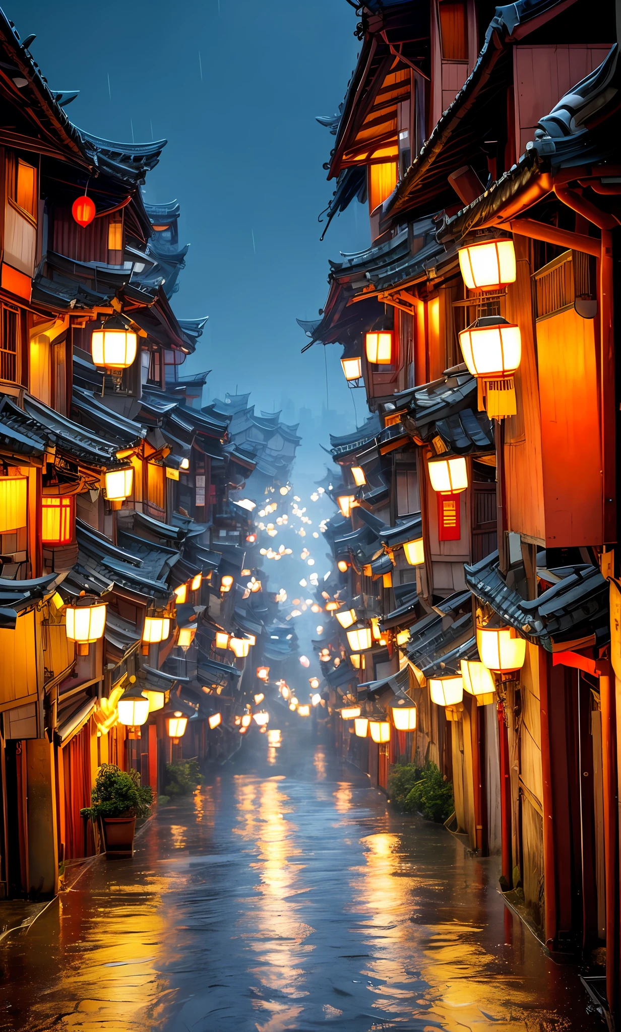 Street view of a village with a lot of lights on the buildings, dreamy chinese town, chinese village, amazing wallpaper, japanese town, japanese village, hyper realistic photo of a town, old asian village, japanese city, by Raymond Han, rainy evening, cyberpunk chinese ancient castle, beautifully lit buildings, at evening during rain, beautiful and aesthetic, photography, cinematic, 8k, high detailed ((Heavy rain)))