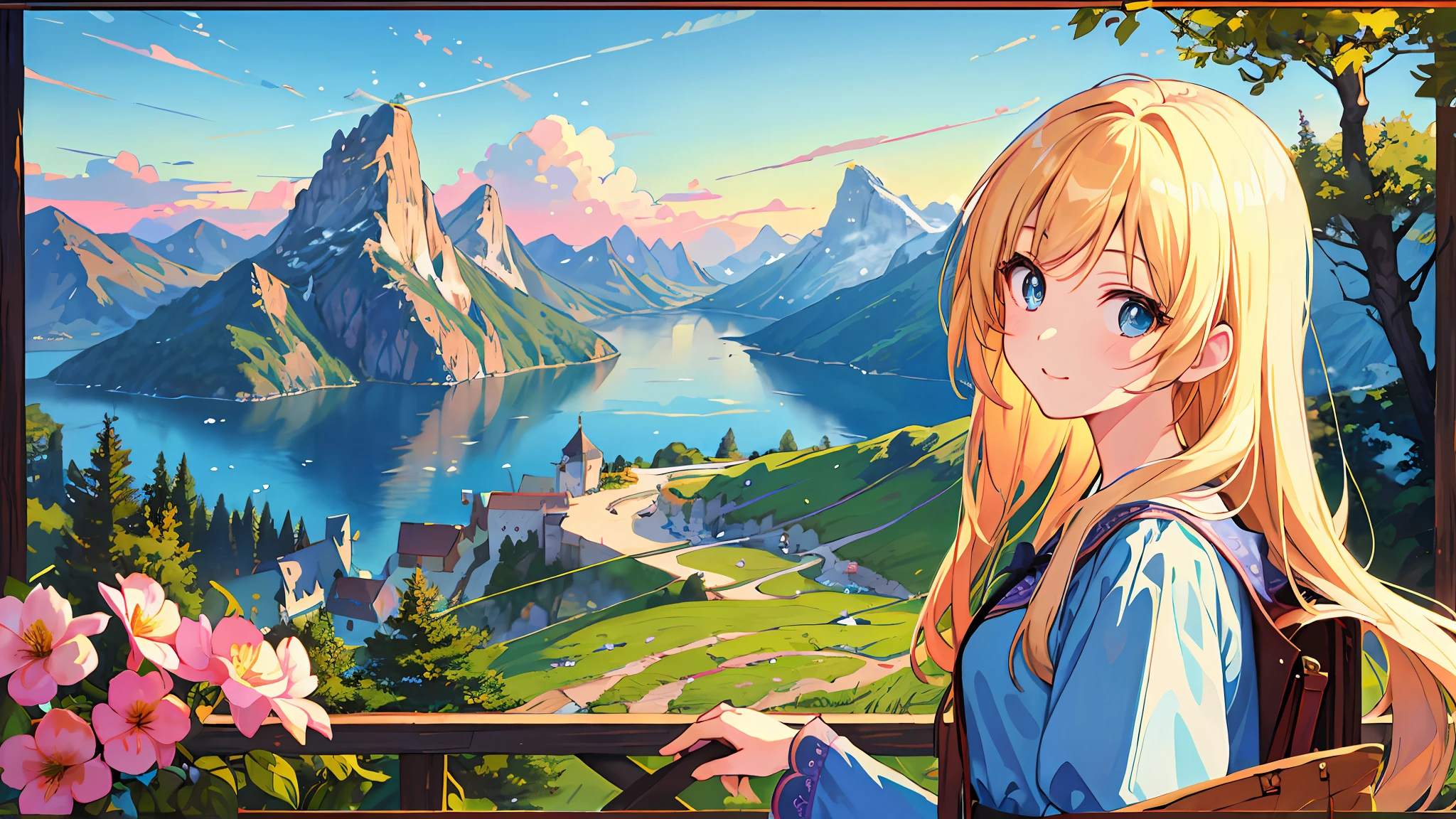 best quality, masterpiece, very detailed, detailed background, detailed eyes, anime, 1girl, beautiful eyes, young girl, rapunzel, expressive face, retro, mount fujilansdscape, outdoor, sunset, beautiful sky, lake picnic, landscape, landscape, horizon, mountain sitting near mountain, wind, petals, spring, looking far away, atmospheric lighting, reflection, naturalism, detail, realism. Relax, Beauty, Single Focus, Close Up, From Side, Depth of Field, Bokeh