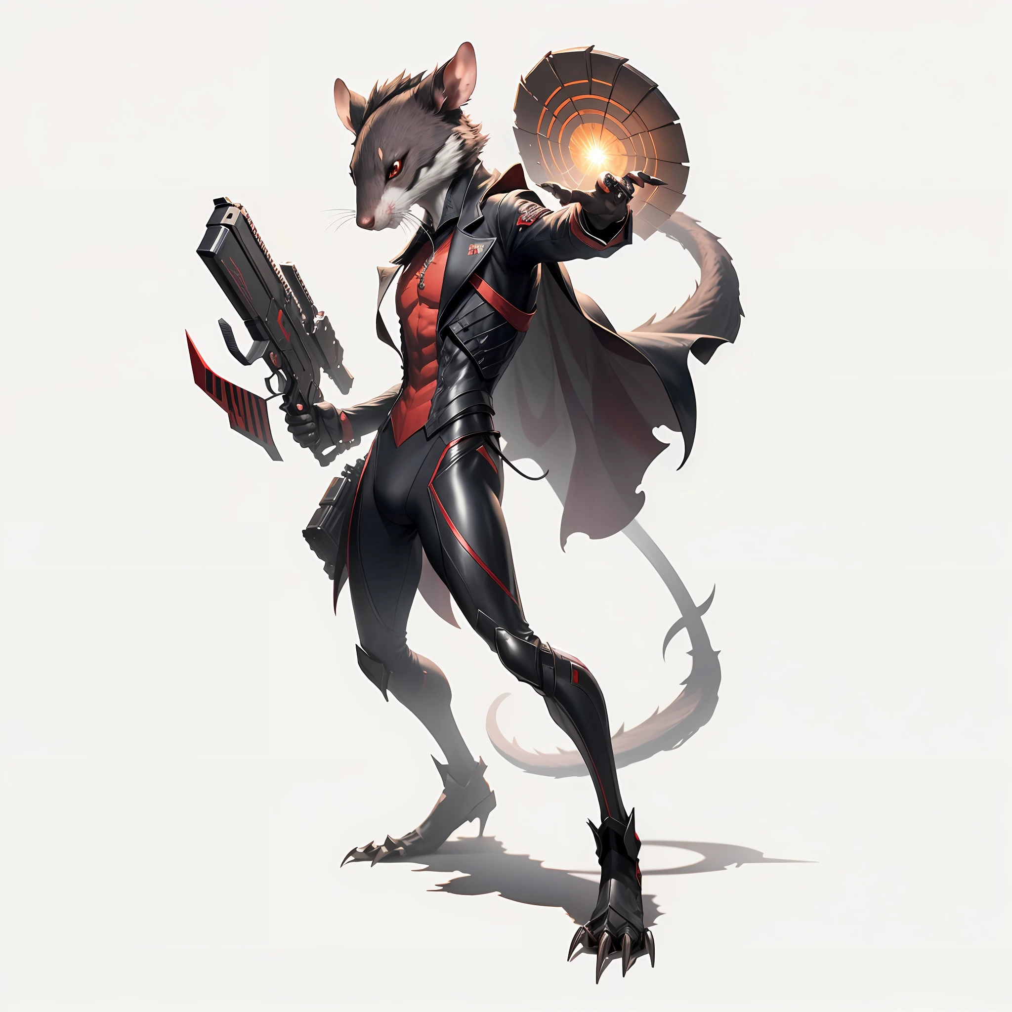 8k, realistic, charismatic, very detailed, rat anthropomorphic, full body, ray-traced images of Arthur Pan, trends on Artstation, digital art, red and cinematic lighting, dramatic shadows and beautiful vivid colors capture scenes. Romantic art style, sharp claws, flat perspective, character standing painting, pistols, suits, elaborate suits