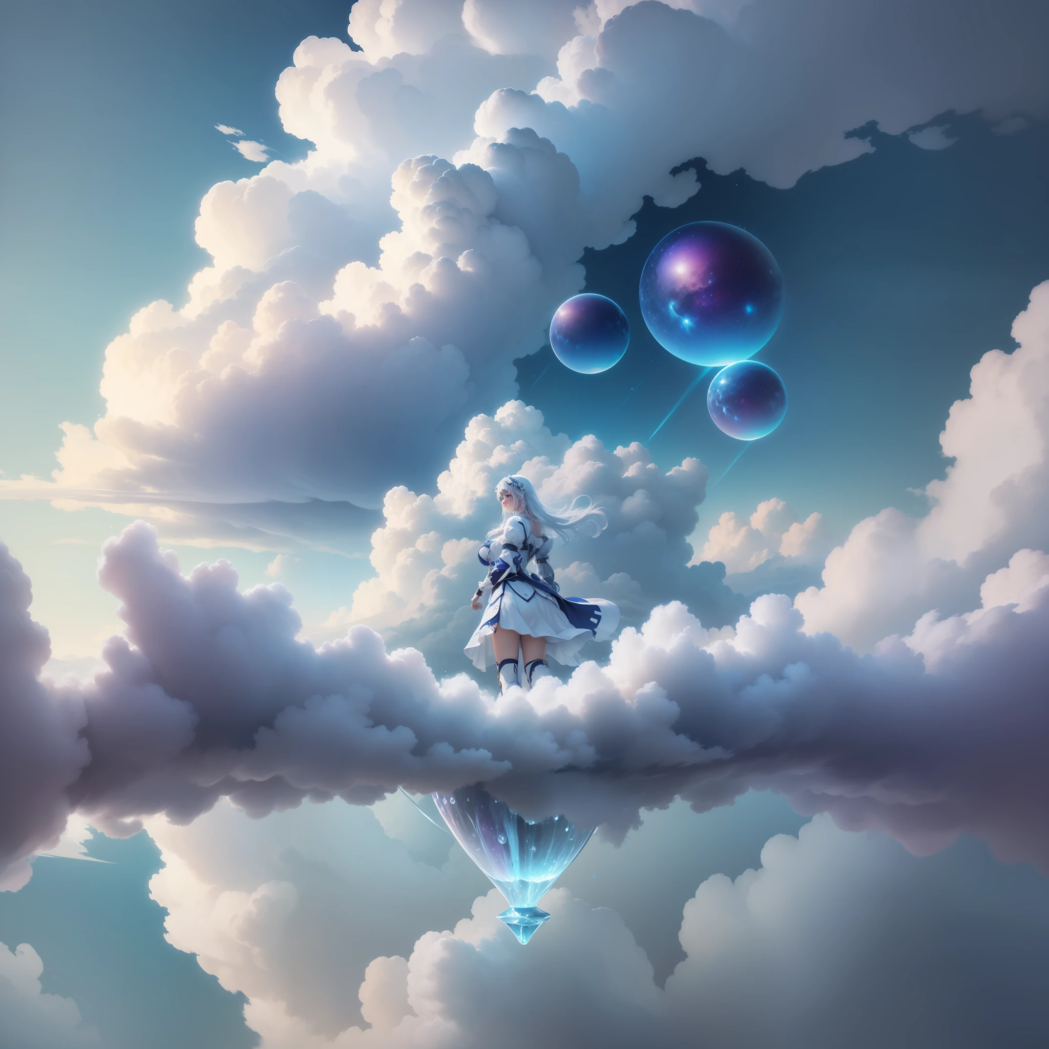 (very detailed CG unity 8k wallpaper, masterpiece, best quality), in the background there is a huge cloudy world, wide viewing angle, you can see the ground, beautiful proportions, white shiny clothes, atmospheric colors, wind force, shiny water droplets, delicate ice crystals, Cheyenne washed a dirty window, huge breasts