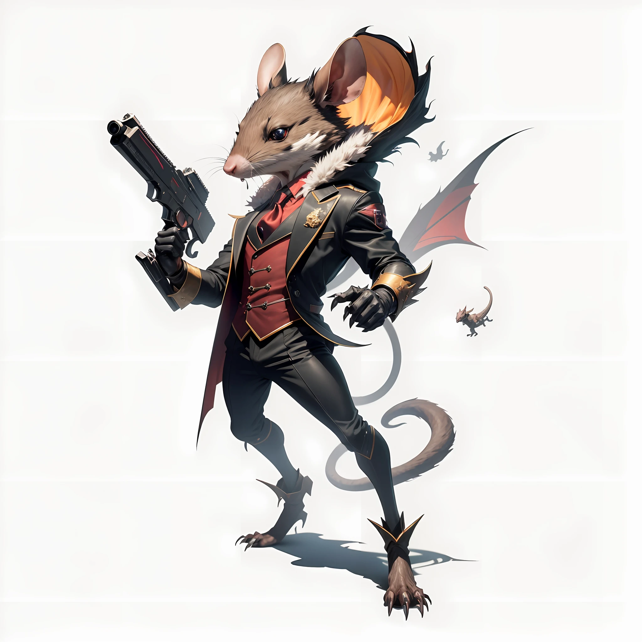 8k, realistic, charismatic, very detailed, rat anthropomorphic, full body, ray-traced images of Arthur Pan, trends on Artstation, digital art, red and cinematic lighting, dramatic shadows and beautiful vivid colors capture scenes. Romantic art style, sharp claws, flat perspective, character standing painting, pistols, suits, elaborate suits