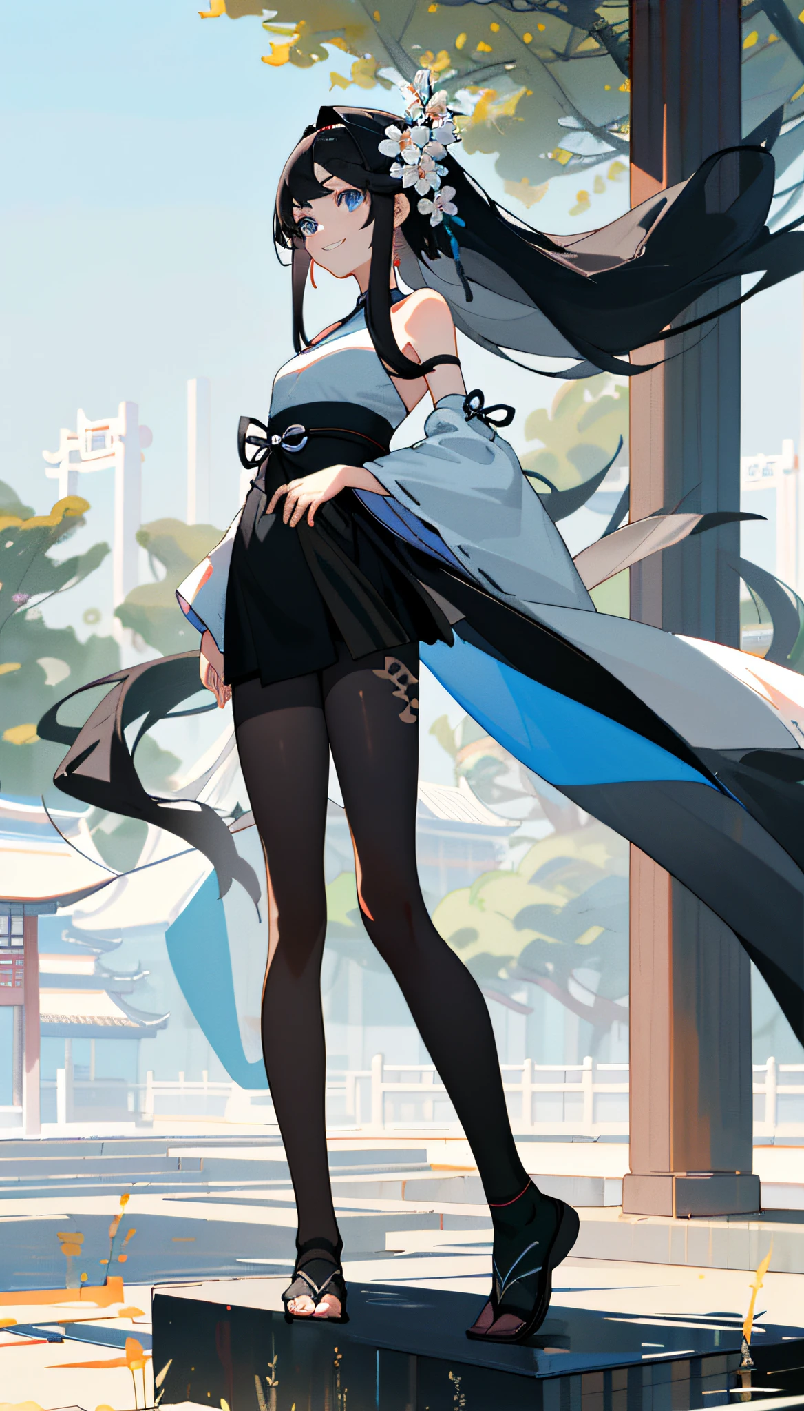 ((masterpiece, best quality))1girl, frontal look, happy, full body, white skin, blue eyes, thin, long thighs, thin waist, long hair, black hair, black clothes, outdoor, white hanfu, chinese style, (bare shoulders), bare legs, cloudy days, trees, flowers, summer, chinese architecture, stone floor, black tights