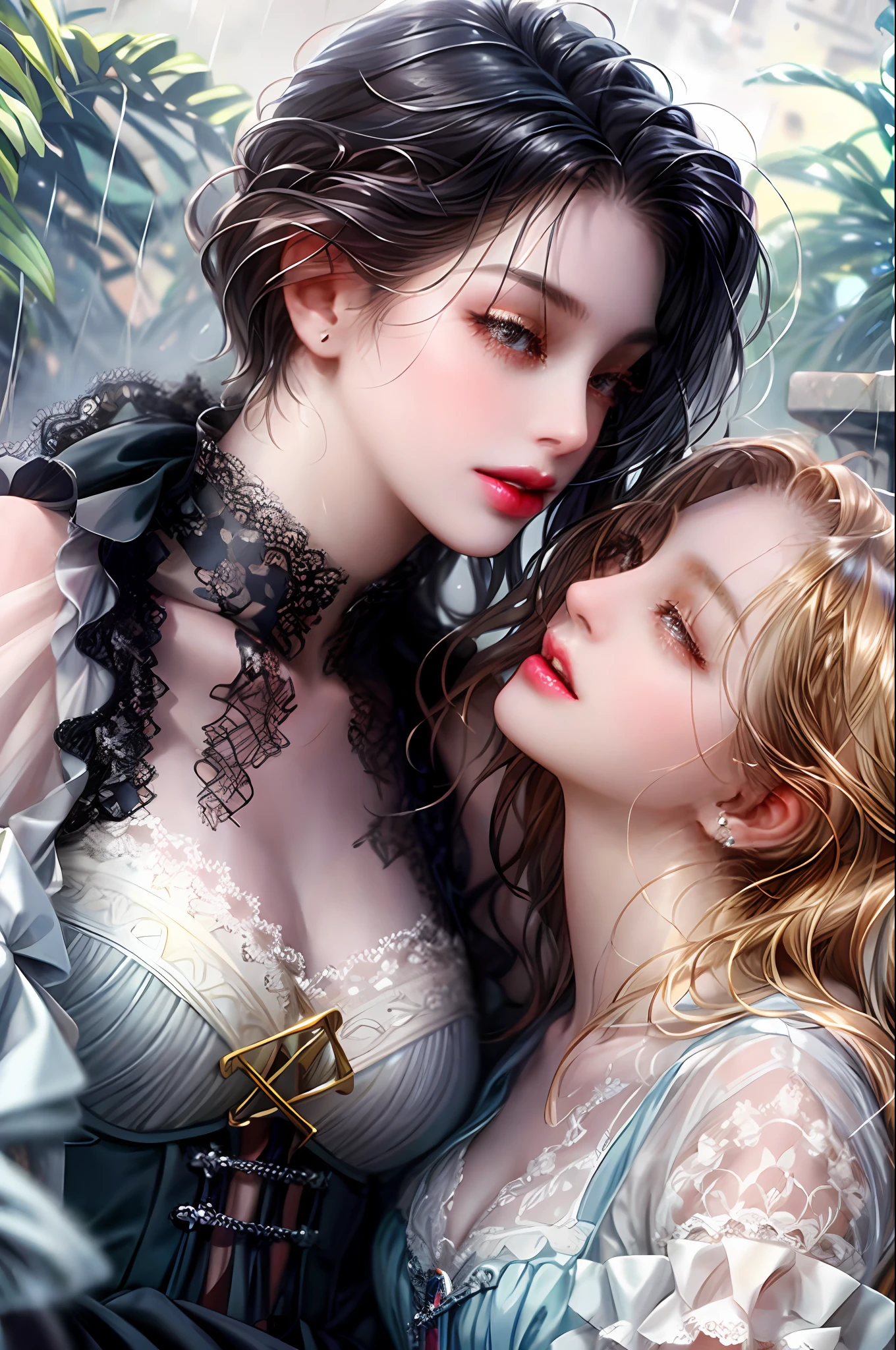 Masterpiece, best quality, high resolution, detail, unusual angle, beautiful lesbians, girl kissing another girl, unusual hair, you can see the whole body, full-length angle, beautiful, two lesbian girls kissing in the rain
