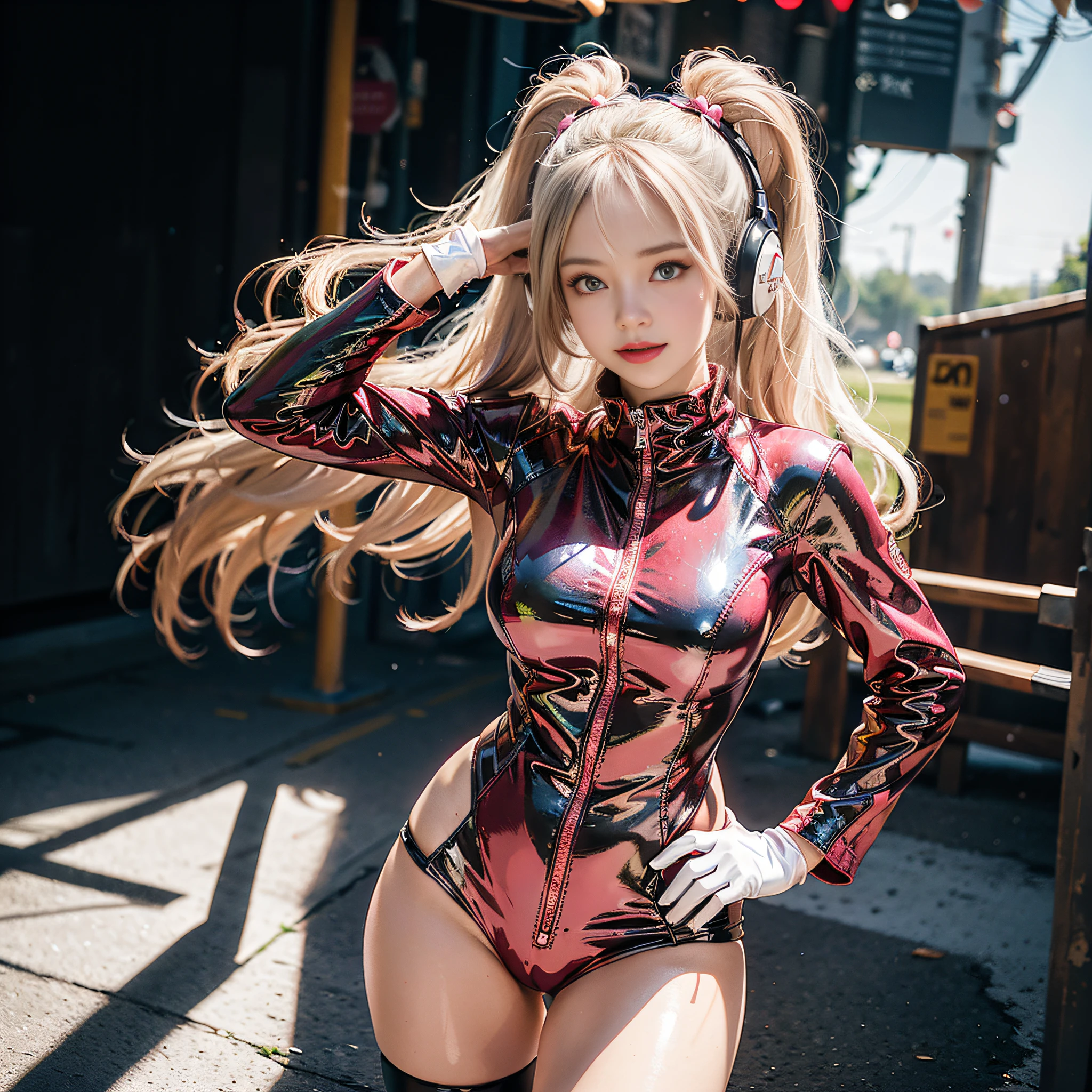 (RAW photo, best quality, masterpiece:1.2), (realistic, photo-realistic:1.4),(masterpiece:1.4),(best quality:1.4),1girl, solo, :d, animal ear headphones, animal ears, arms up, bangs, blush, bodysuit, breasts, bunny pose, clothes writing, covered navel, cowboy shot, cropped jacket, fake animal ears, gloves, outdoor,morning,snow, hair intakes, headphones, impossible bodysuit, impossible clothes, jacket, large breasts, latex, latex bodysuit, long hair, long sleeves, looking at viewer, large breasts, multicolored gloves, open mouth, pink bodysuit, pink eyes, red eyes, red jacket, shiny clothes, shrug \(clothing\), sidelocks, skin tight, smile, thigh gap, thighs, twintails, very long hair, white gloves, white hair,alice \(nikke\),(shiny skin),realistic,