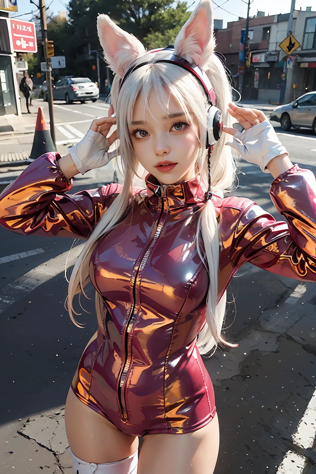 (RAW photo, best quality, masterpiece:1.2), (realistic, photo-realistic:1.4),(masterpiece:1.4),(best quality:1.4),1girl, solo, :d, animal ear headphones, animal ears, arms up, bangs, blush, bodysuit, breasts, bunny pose, clothes writing, covered navel, cowboy shot, cropped jacket, fake animal ears, gloves, outdoor,morning,snow, hair intakes, headphones, impossible bodysuit, impossible clothes, jacket, large breasts, latex, latex bodysuit, long hair, long sleeves, looking at viewer, large breasts, multicolored gloves, open mouth, pink bodysuit, pink eyes, red eyes, red jacket, shiny clothes, shrug \(clothing\), sidelocks, skin tight, smile, thigh gap, thighs, twintails, very long hair, white gloves, white hair,alice \(nikke\),(shiny skin),realistic,