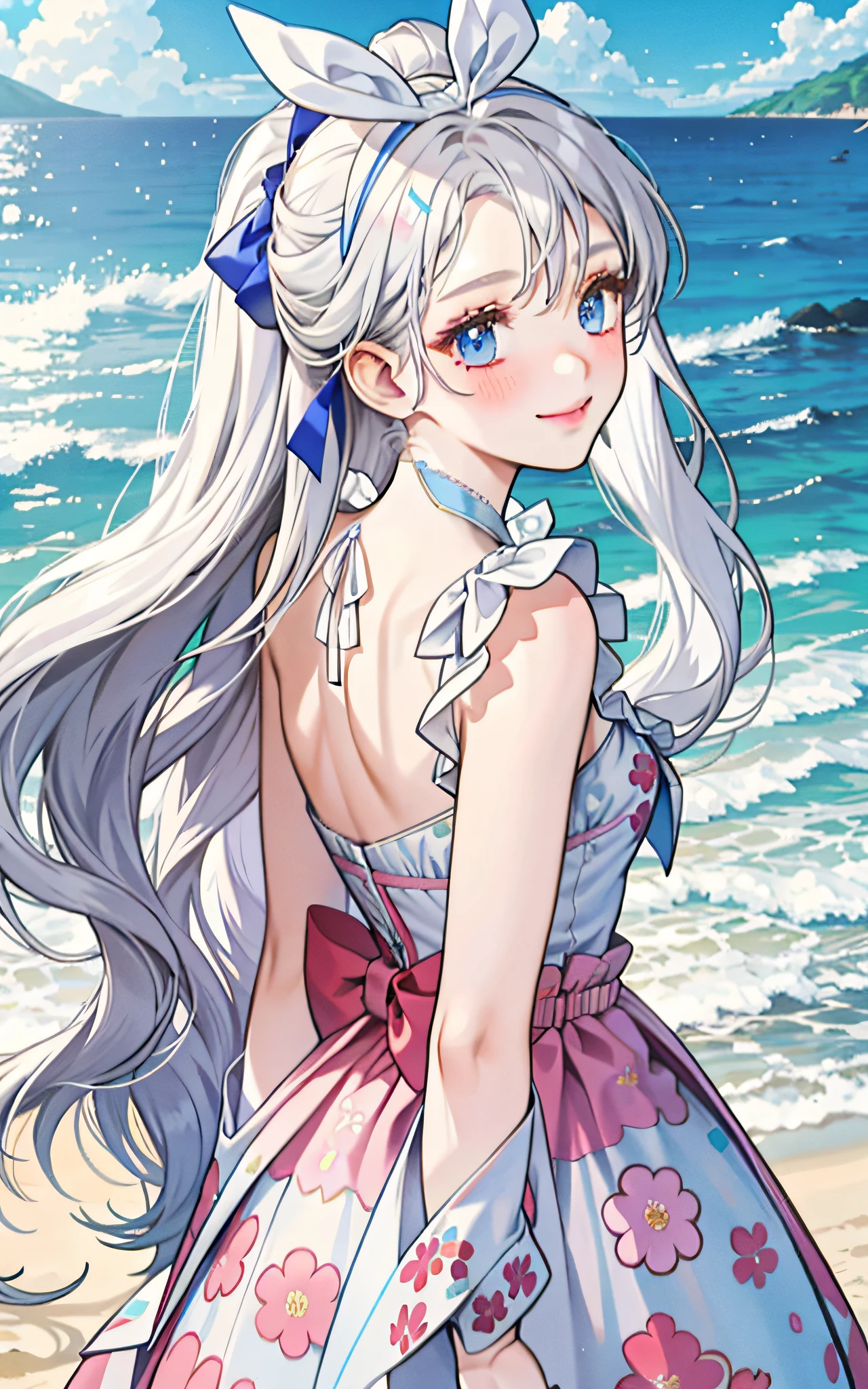 Back girl looking back with a shy smile, blushing, dressed in a yutaka with floral print, beach scenery, girl with silver hair, light blue eyes, mole, with a white bow in her hair,
