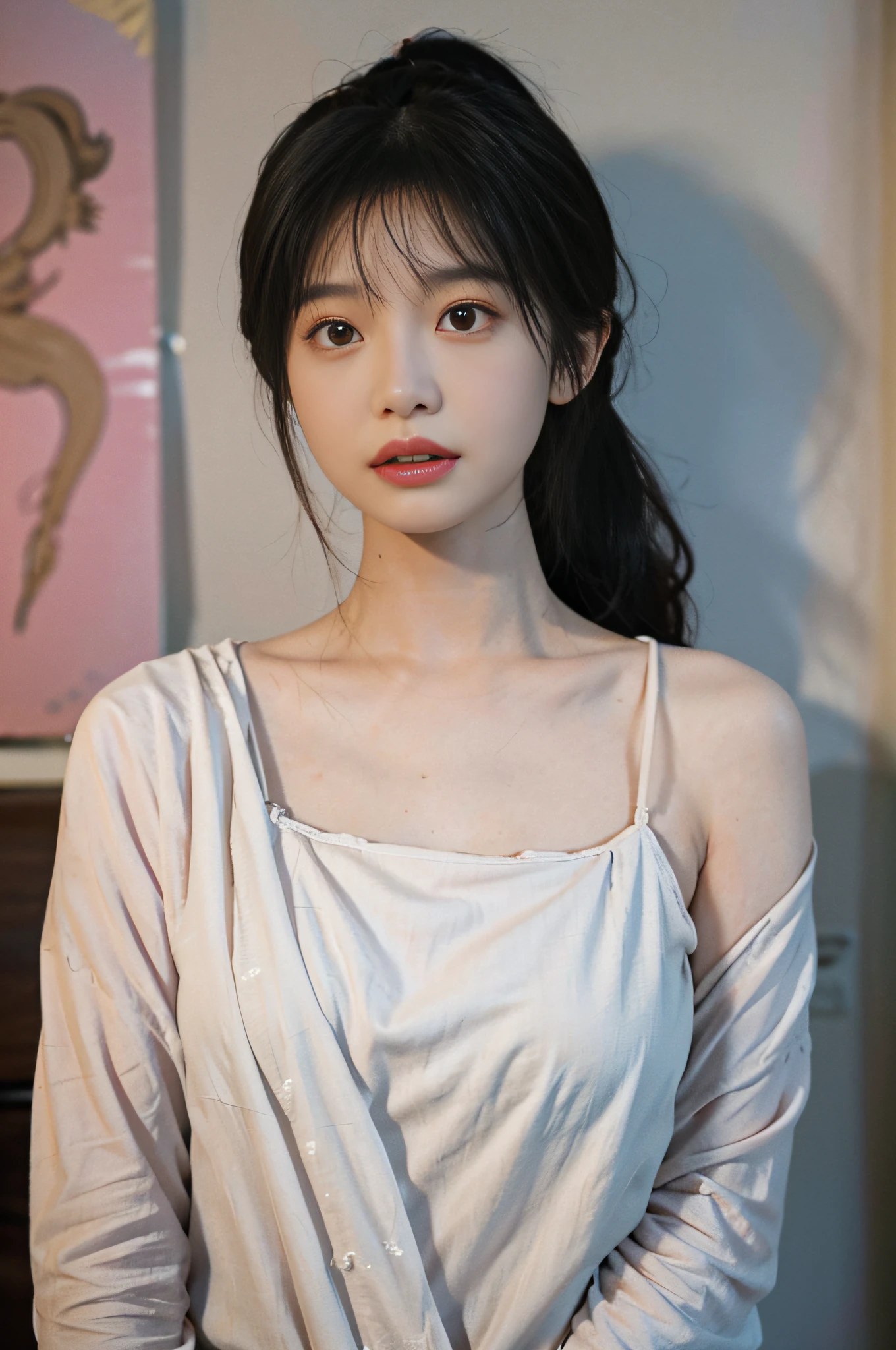 Temperament girl, delicate facial features, big breasts, bangs, pink ponytail, messy hair, hair is very realistic, wearing a pink slip dress, the background is full of wall photos, sea view, Du Qiong, exquisite makeup, light red lips, gentle eyes, double eyelids, black holes, bright eyes, symmetrical face, face is very real, narrow waist, thighs, big breasts, meticulously portraying the girl's face, blush, super high appearance, looking at the audience, very realistic skin, skin oil reflection, artwork, The clothes have a real cloth texture, realistic painting, cinematic style, photography level, ray tracing, real light and shadow effects, realism, masterpieces, like the top photography effects, 8K