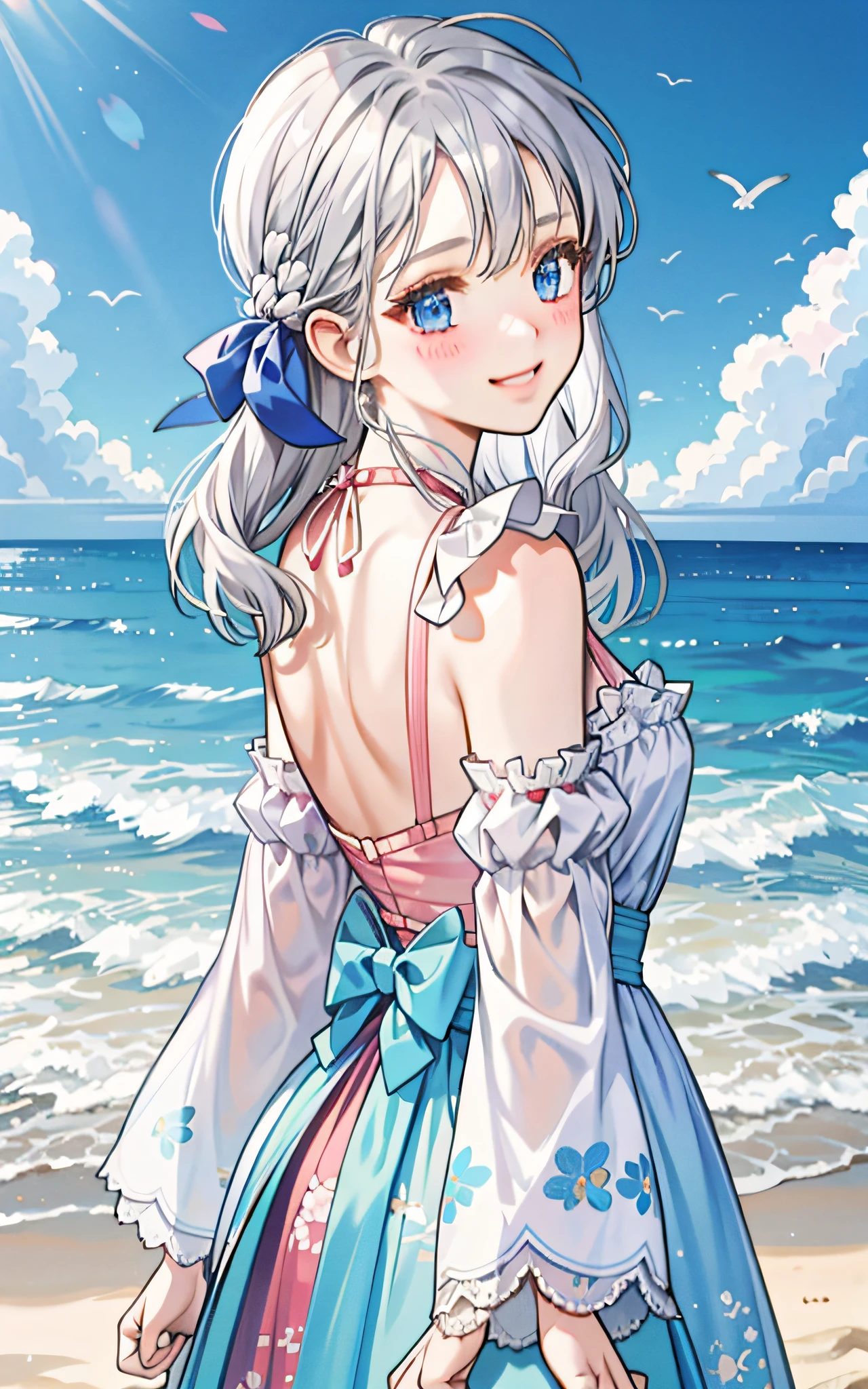 Back girl looking back with a shy smile, blushing, dressed in a yutaka with floral print, beach scenery, girl with silver hair, light blue eyes, mole, with a white bow in her hair,