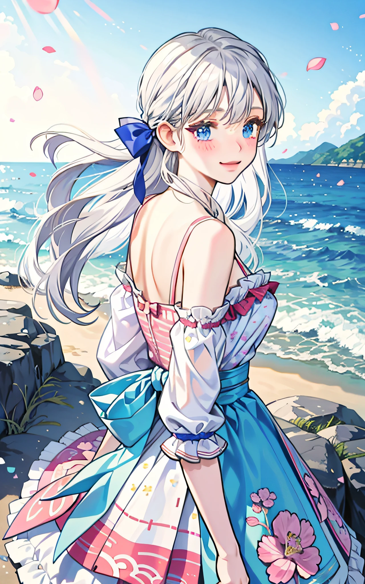 Back girl looking back with a shy smile, blushing, dressed in a yutaka with floral print, beach scenery, girl with silver hair, light blue eyes, mole, with a white bow in her hair,